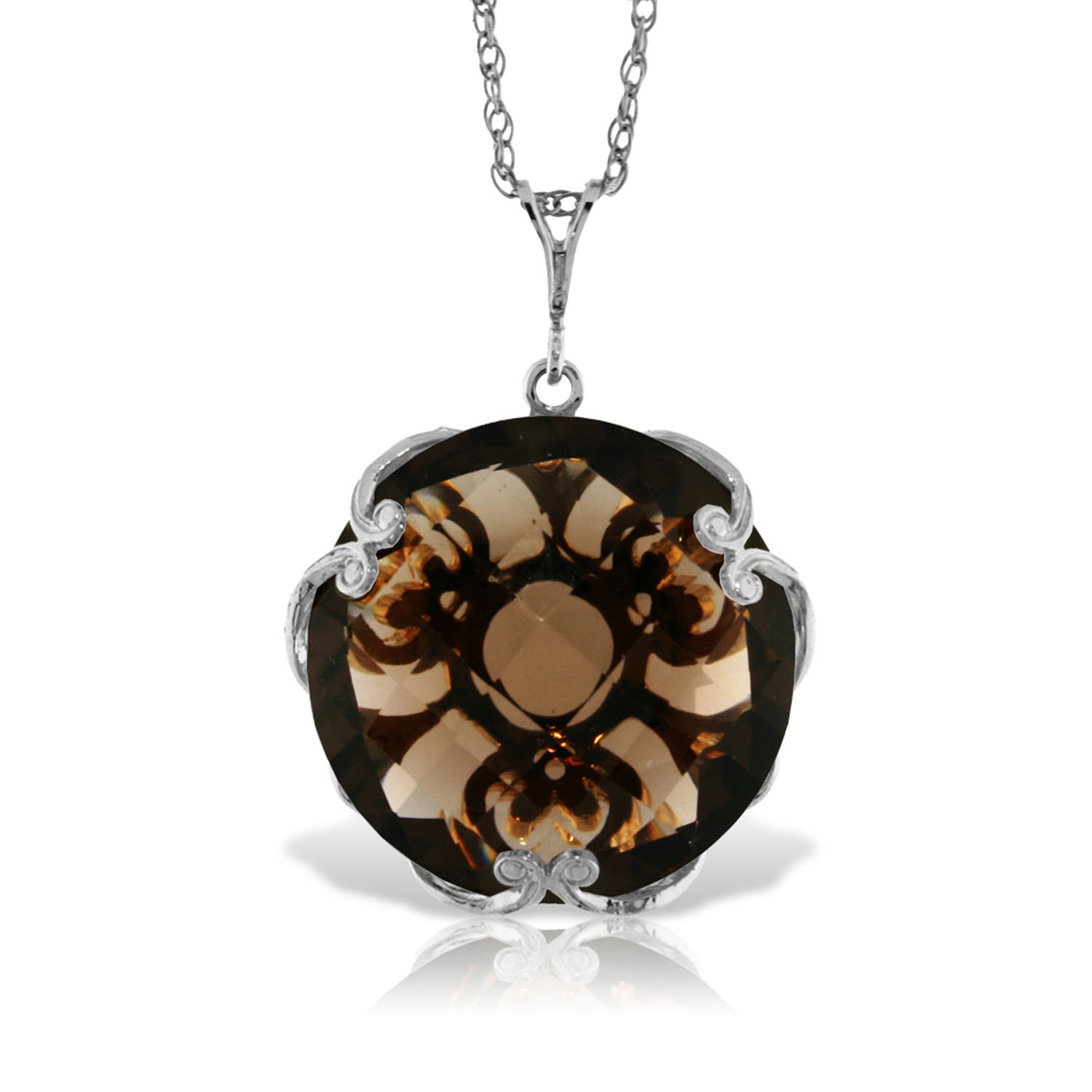 14K Solid White Gold Necklace with Checkerboard Cut Round Smoky Quartz