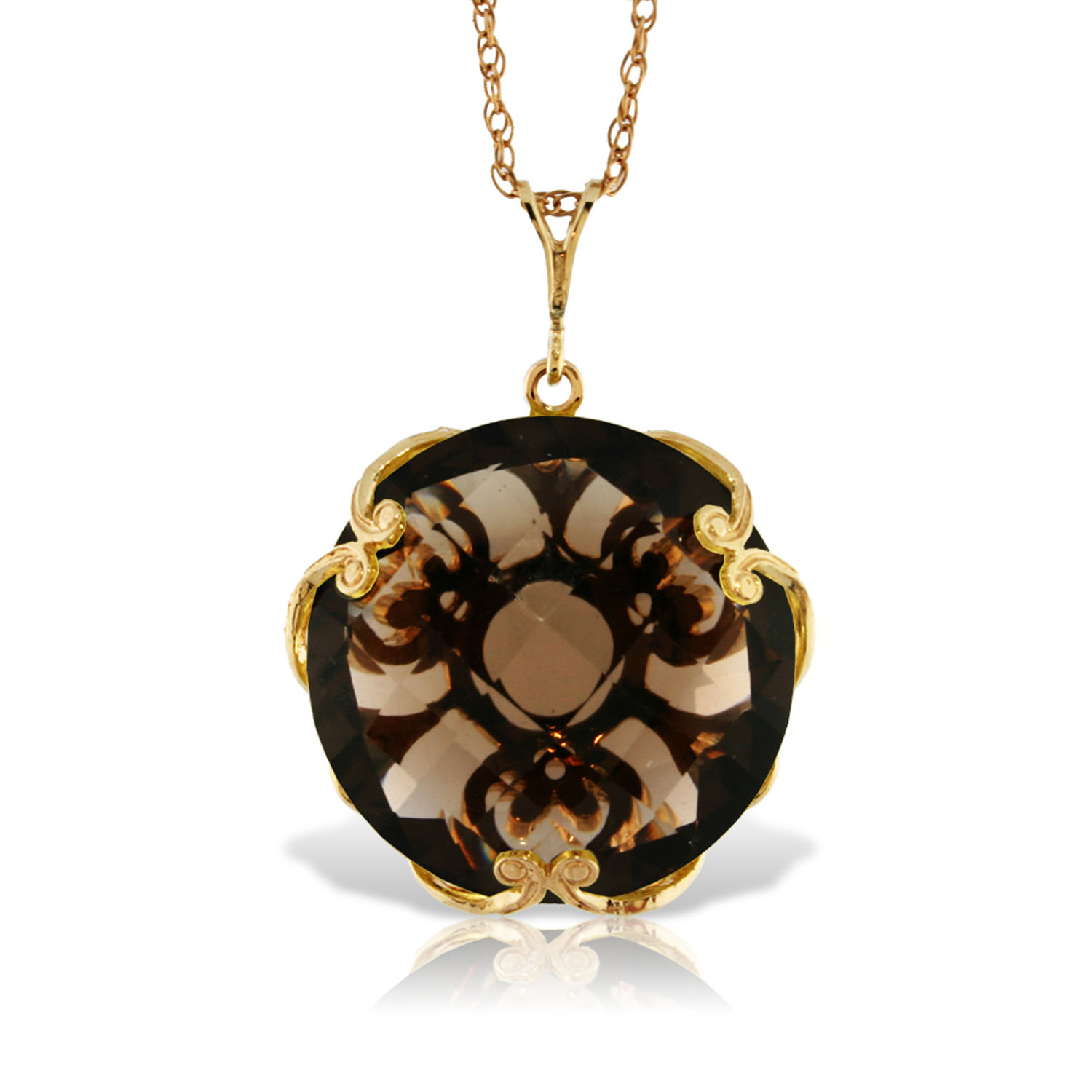 14K Solid Gold Necklace with Checkerboard Cut Round Smoky Quartz