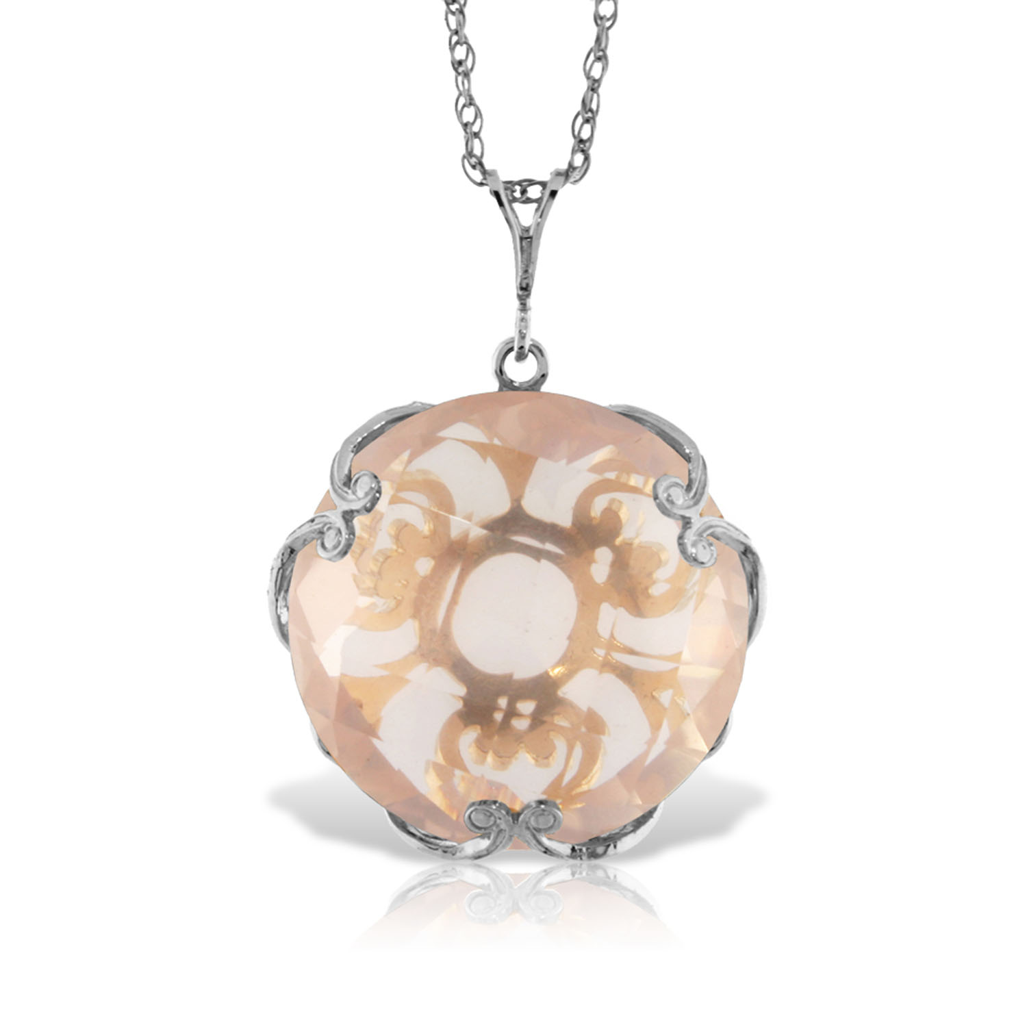 14K Solid White Gold Necklace with Checkerboard Cut Round Rose Quartz