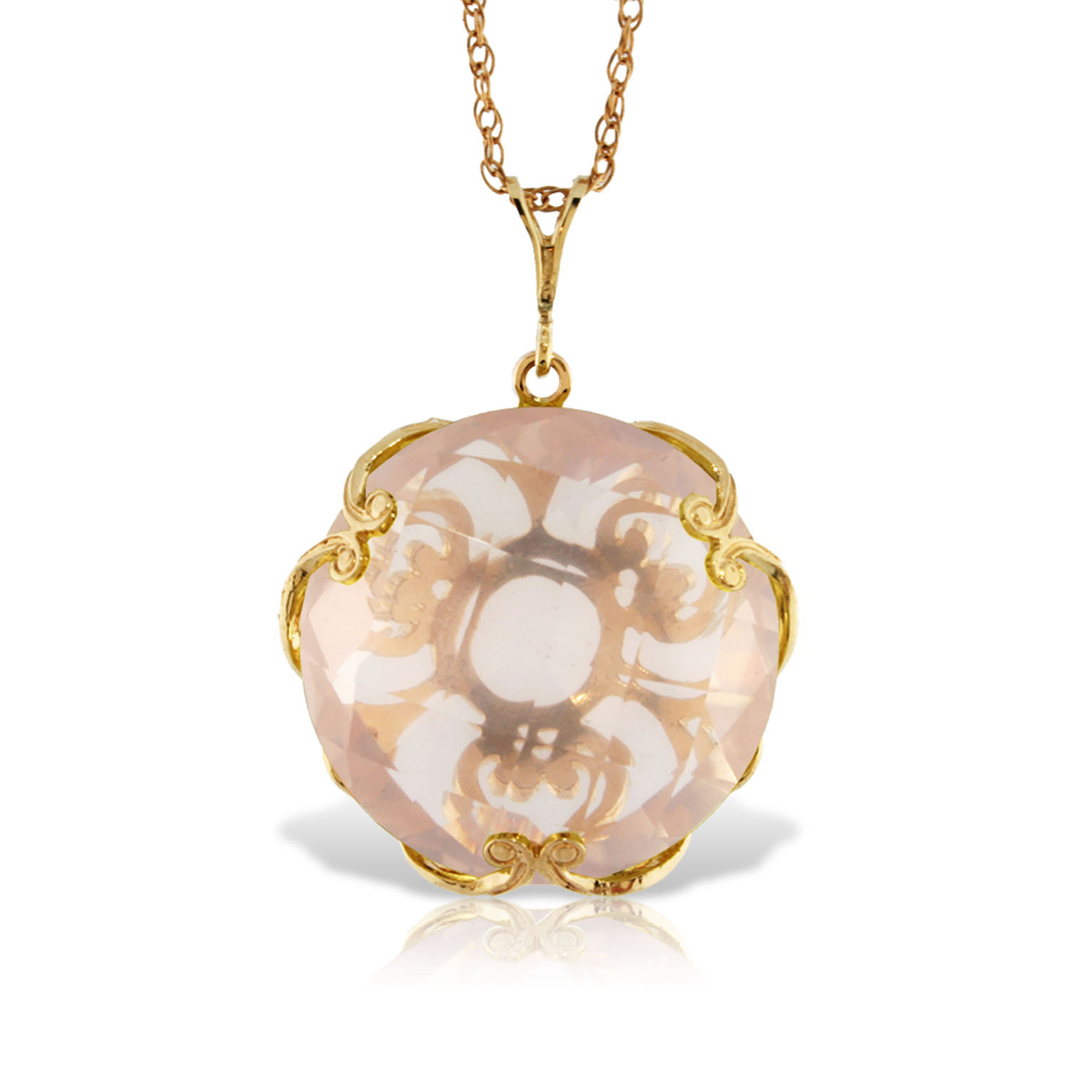 14K Solid Gold Necklace with Checkerboard Cut Round Rose Quartz