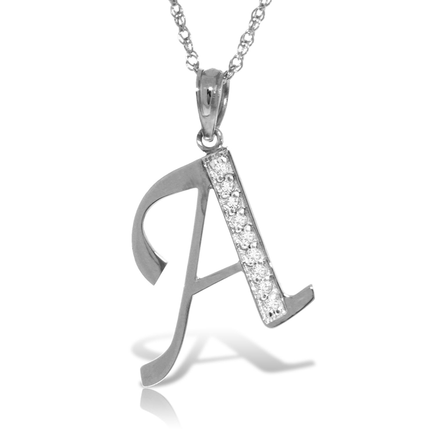 14K Solid White Gold Necklace with Natural Diamonds Initial 'a' Pendant
