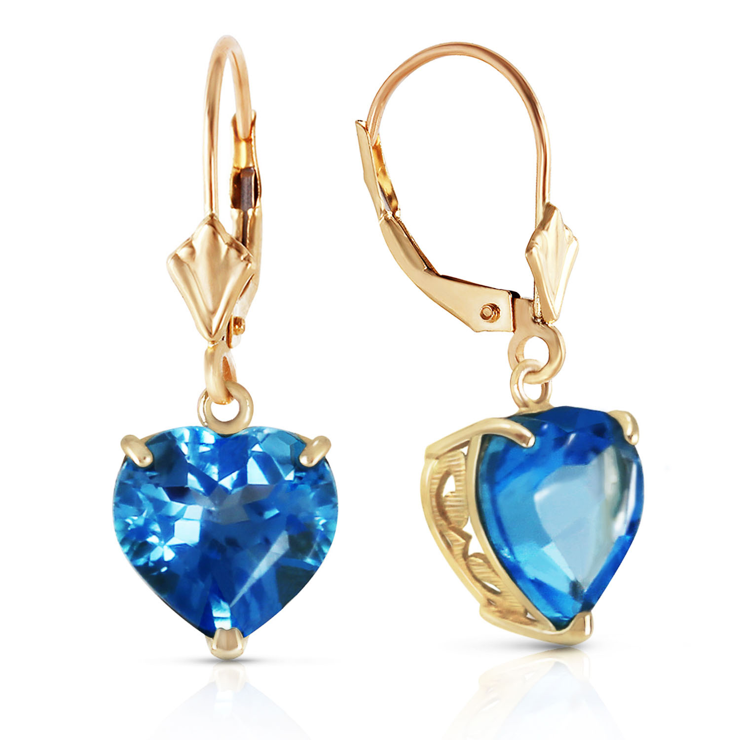 14K Solid Gold Leverback Earrings Natural 10mm Heart Blue Topaz