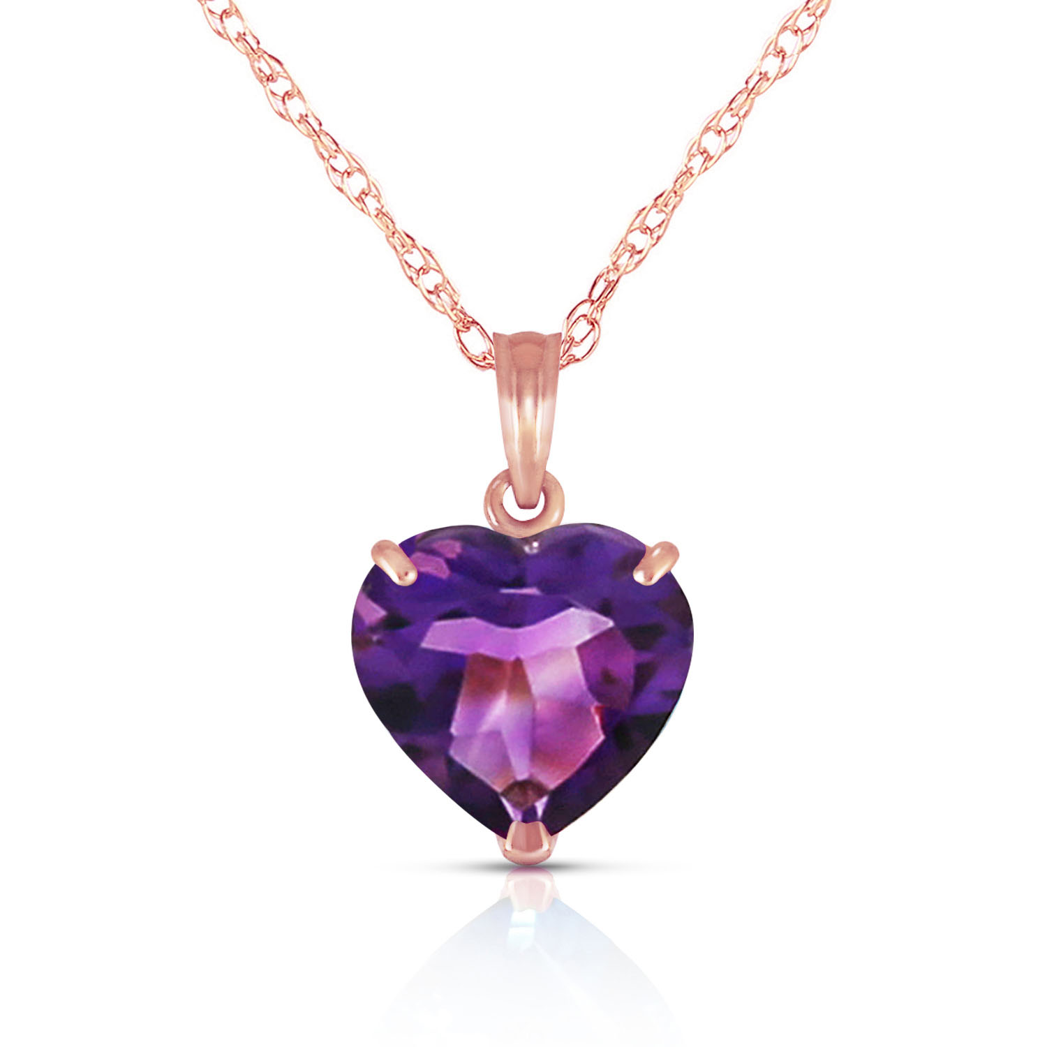 14K Solid Rose Gold Necklace with Natural 10mm Heart Amethyst