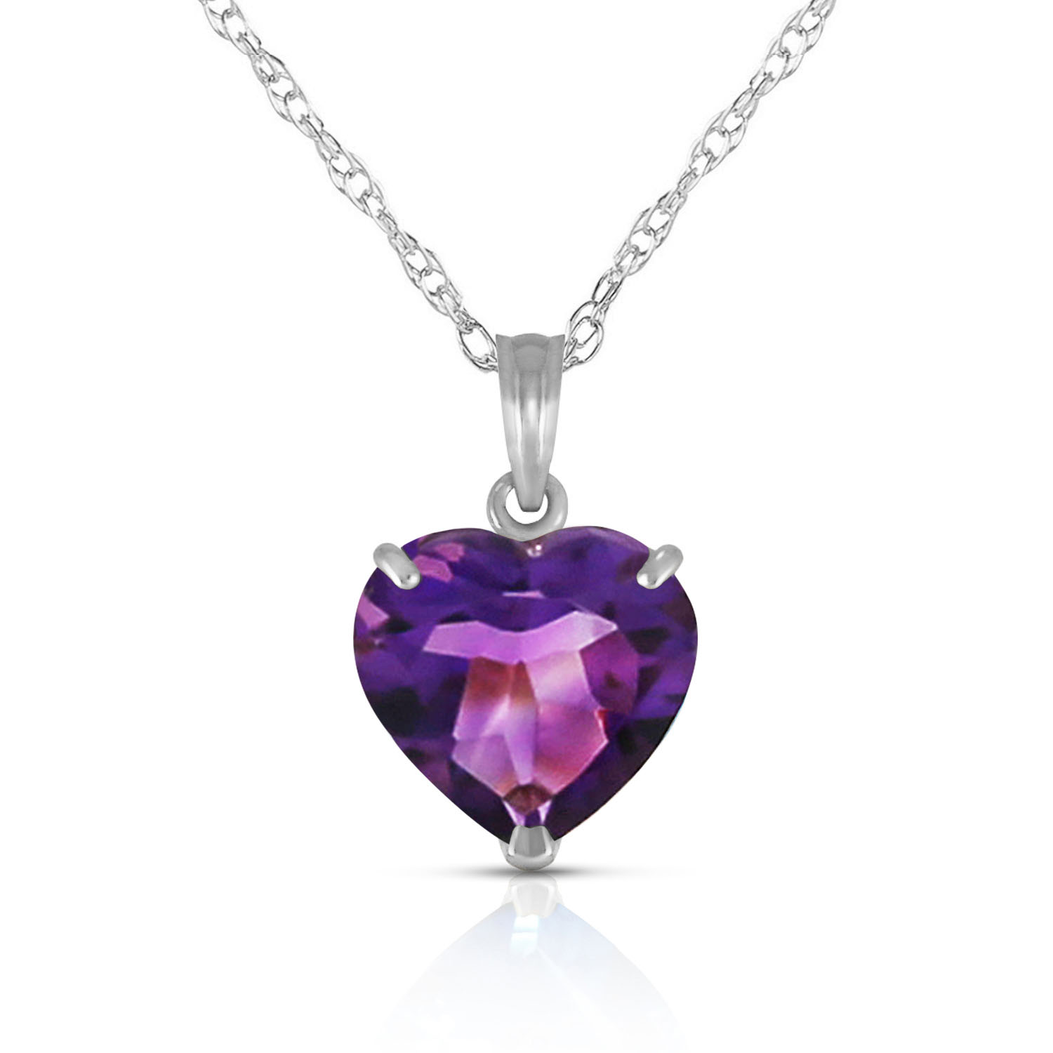 14K Solid White Gold Necklace with Natural 10mm Heart Amethyst
