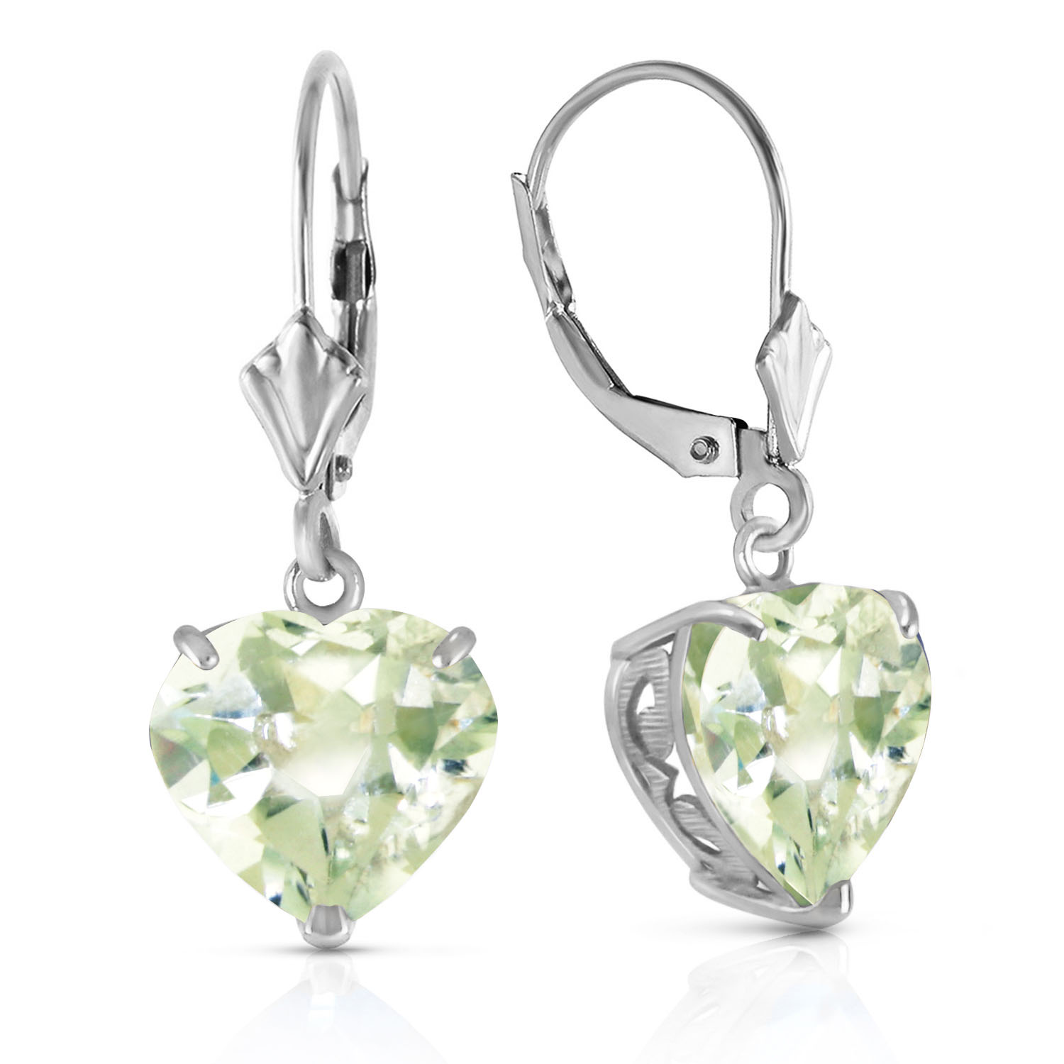 14K Solid White Gold Leverback Earrings Natural 10mm Heart Green Amethysts