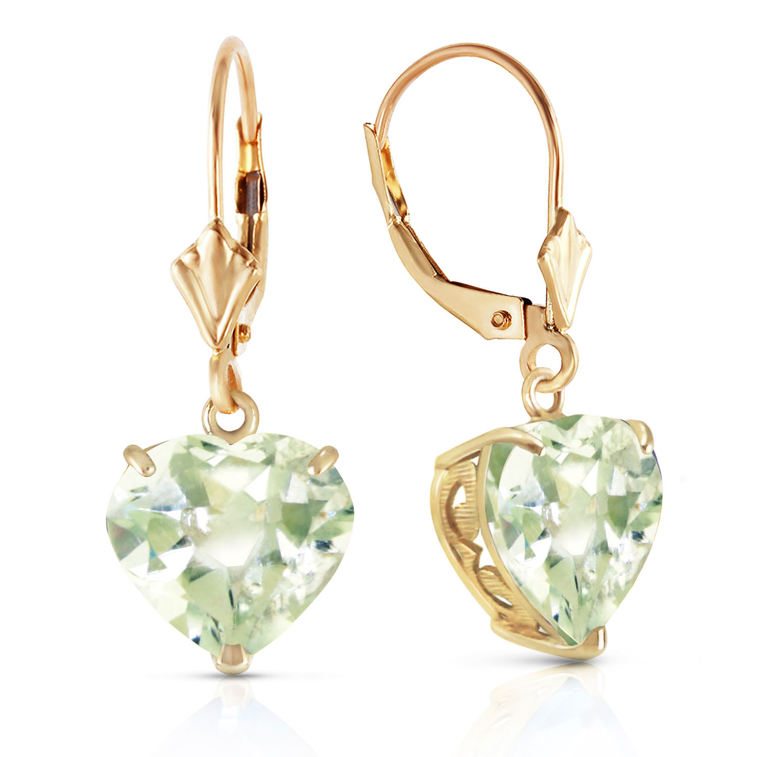 14K Solid Gold Leverback Earrings Natural 10mm Heart Green Amethysts