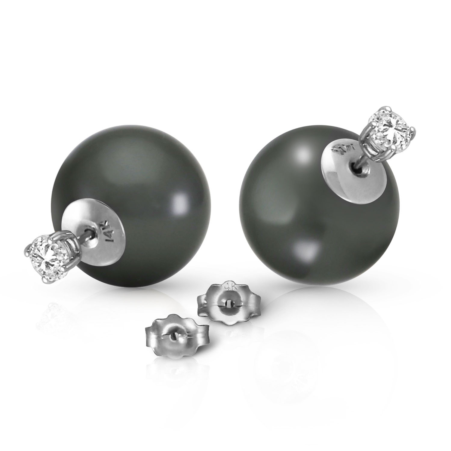 14K Solid White Gold Stud 0.80 CTW Natural Diamonds Earrings with Black Shell Cultured Pearls
