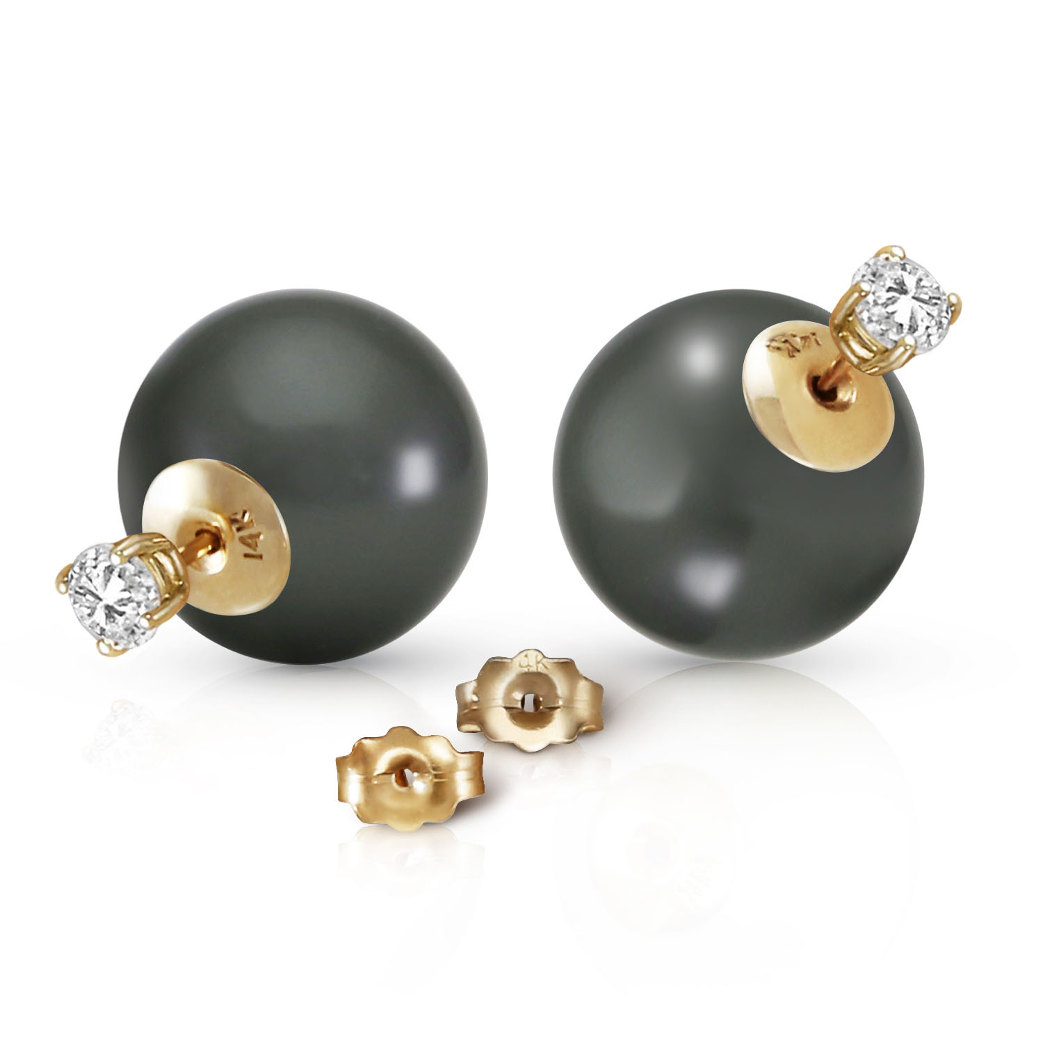 14K Solid Gold Stud 0.80 CTW Natural Diamonds Earrings with Black Shell Cultured Pearls