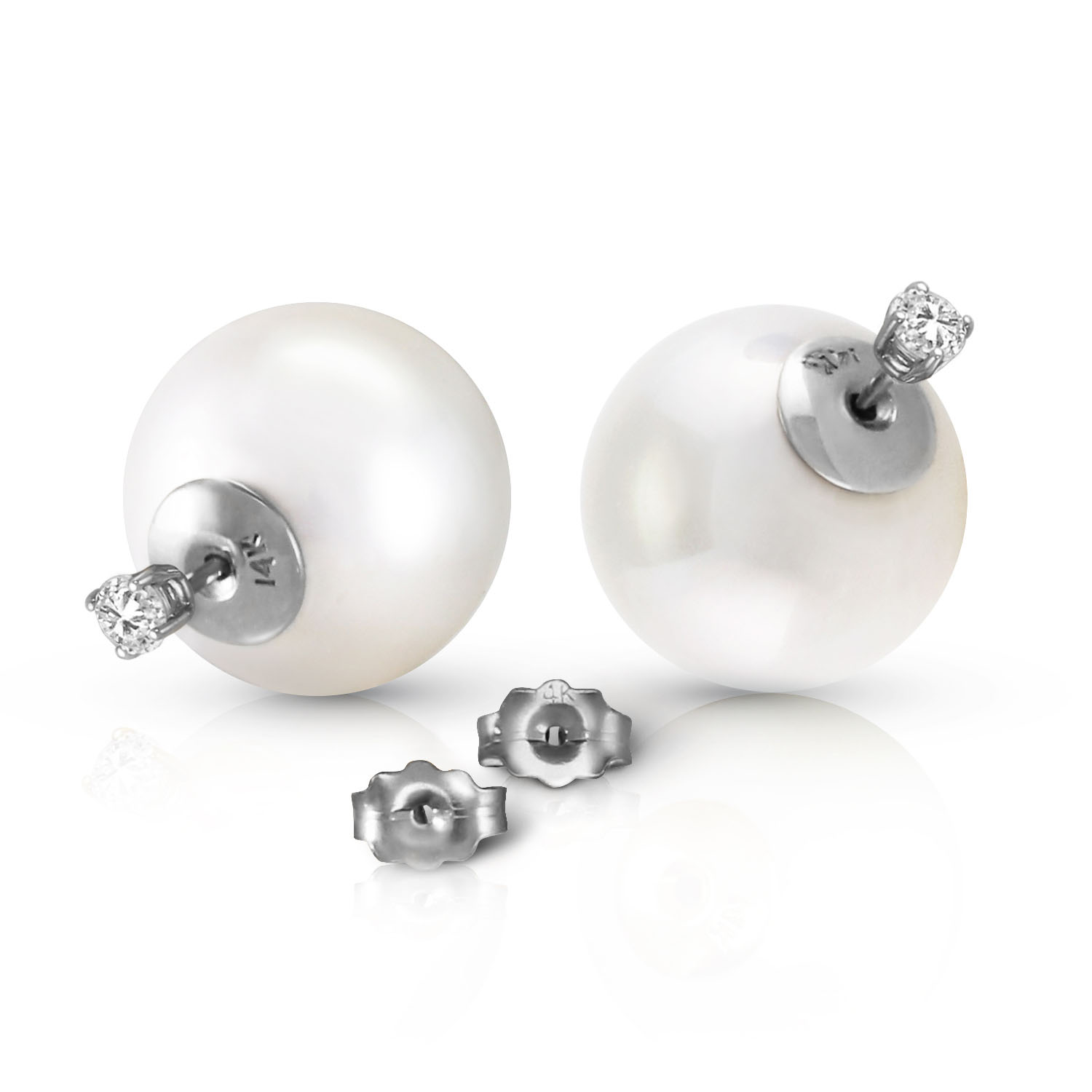 14K Solid White Gold Stud 0.40 CTW Natural Diamonds Earrings with White Shell Cultured Pearls
