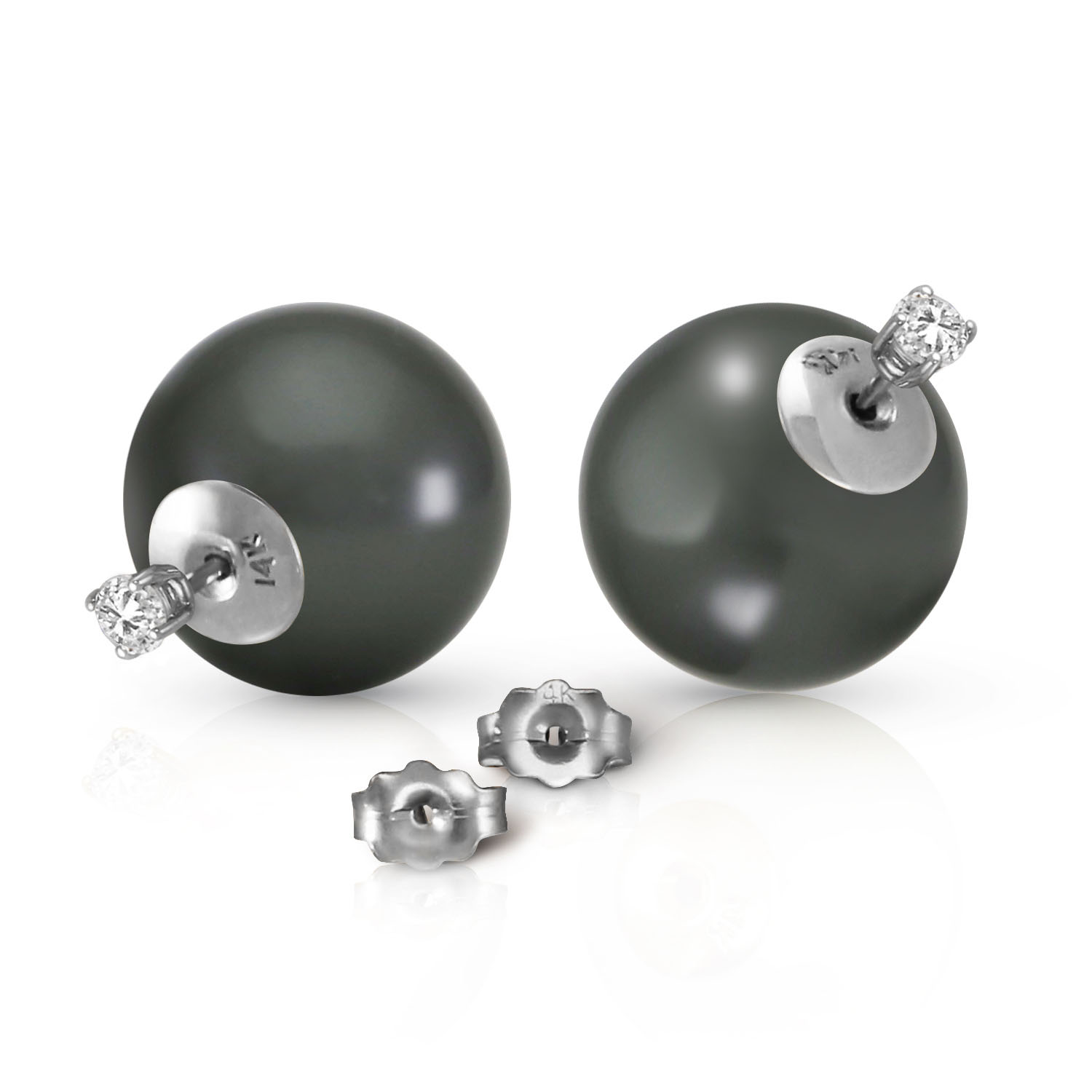 14K Solid White Gold Stud 0.40 CTW Natural Diamonds Earrings with Black Shell Cultured Pearls