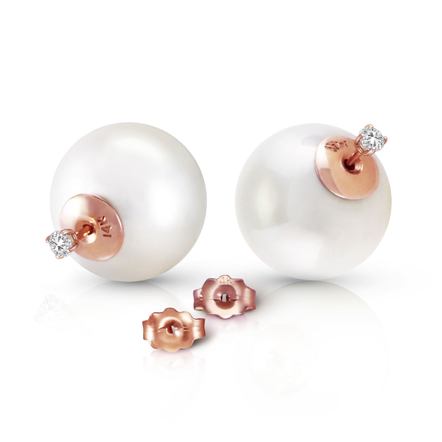 14K Solid Rose Gold Stud 0.20 CTW Natural Diamonds Earrings with White Shell Cultured Pearls