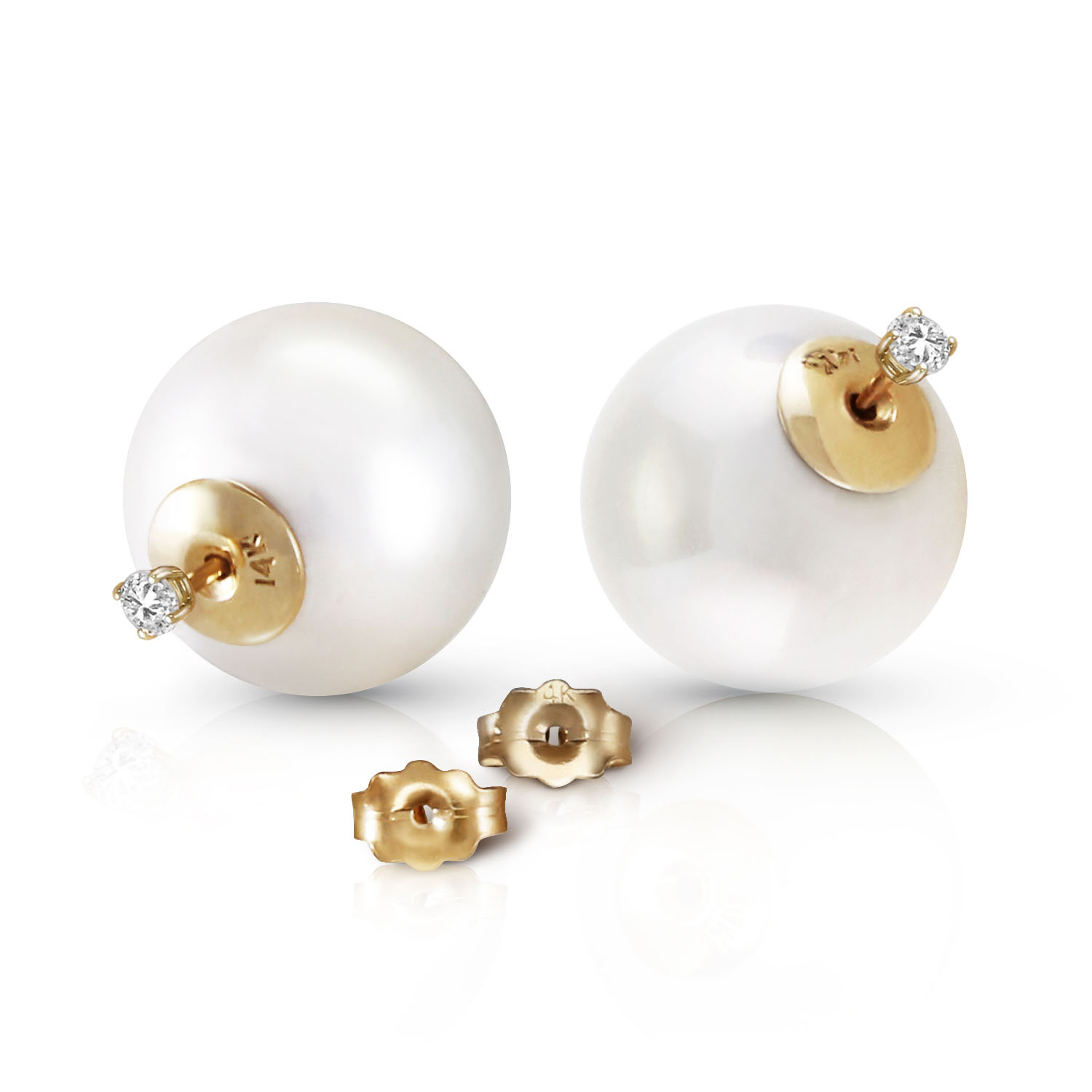 14K Solid Gold Stud 0.20 CTW Natural Diamonds Earrings with White Shell Cultured Pearls