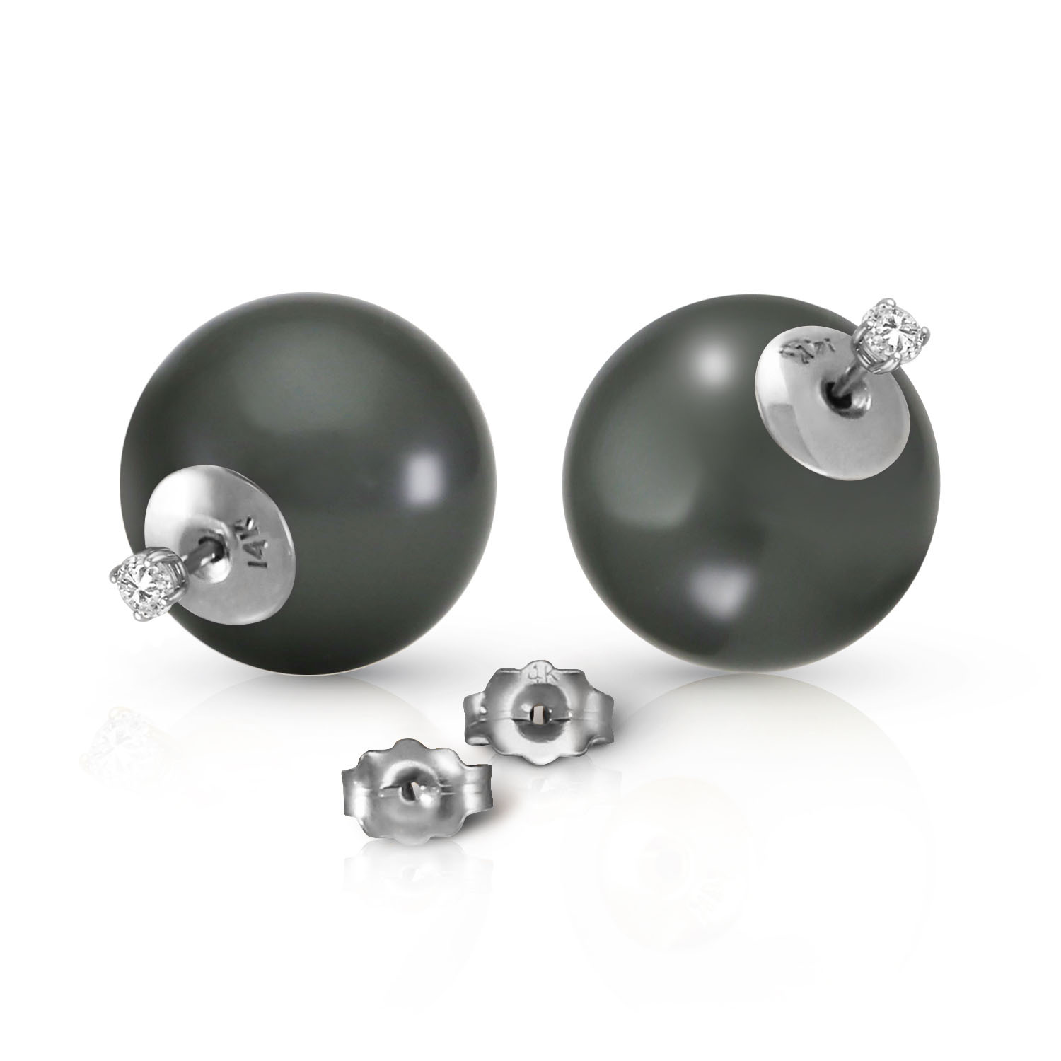 14K Solid White Gold Stud 0.20 CTW Natural Diamonds Earrings with Black Shell Cultured Pearls