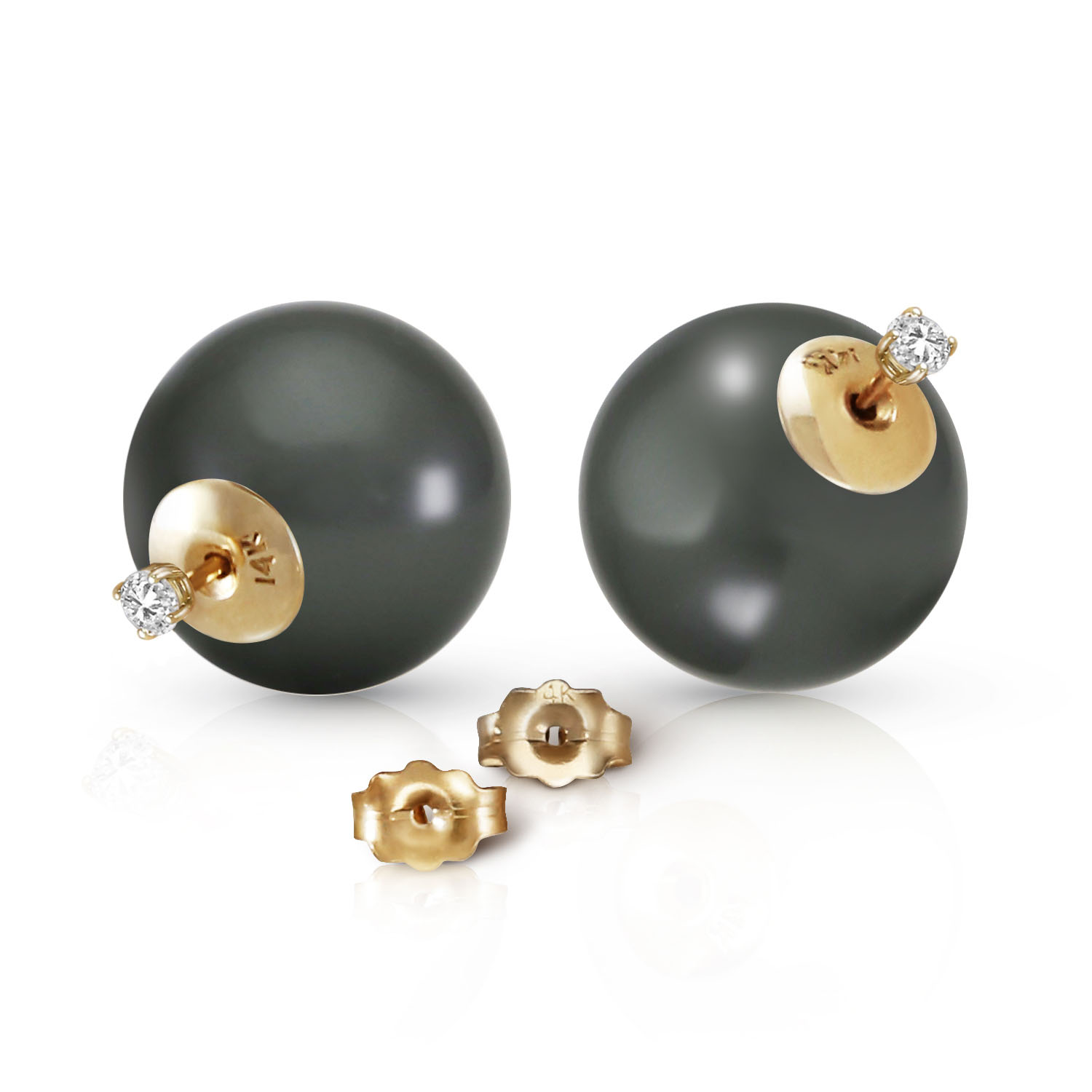 14K Solid Gold Stud 0.20 CTW Natural Diamonds Earrings with Black Shell Cultured Pearls