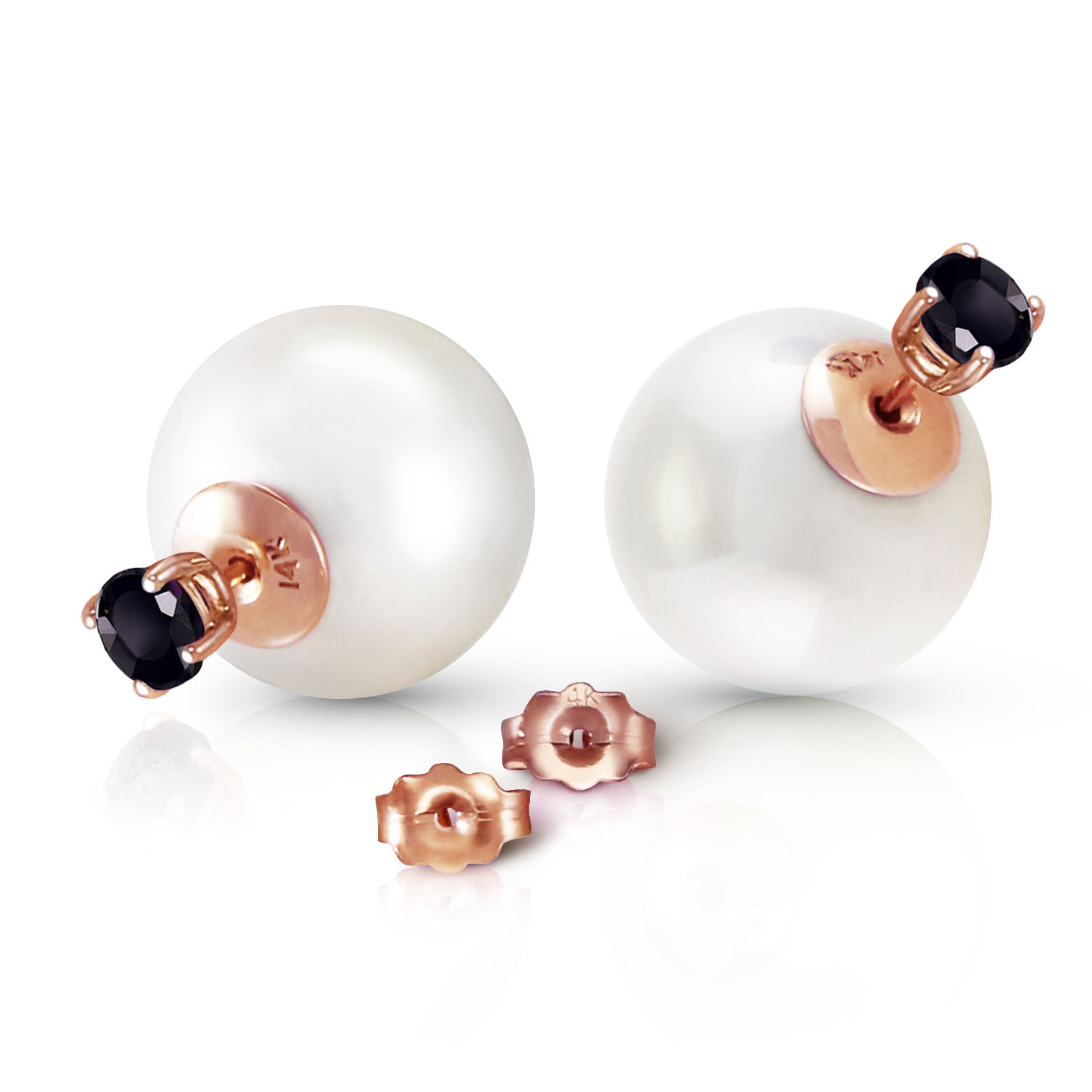 14K Solid Rose Gold Stud 1.0 CTW Natural Black Diamonds  White Shell Cultured Pearl Earrings