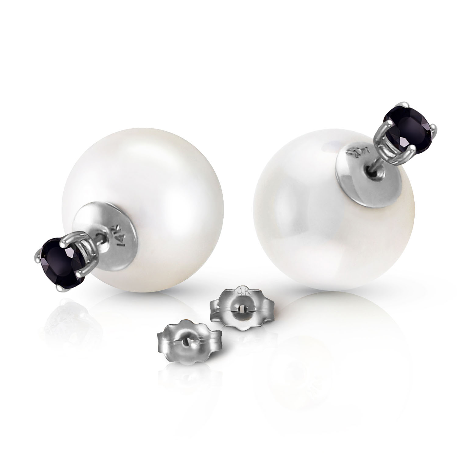14K Solid White Gold Stud 1.0 CTW Natural Black Diamonds  White Shell Cultured Pearl Earrings