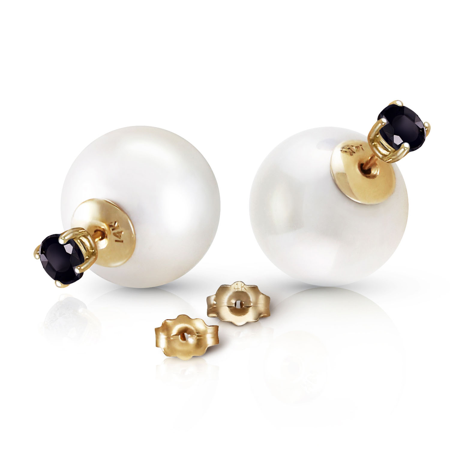 14K Solid Gold Stud 1.0 CTW Natural Black Diamonds White Shell Cultured Pearl Earrings