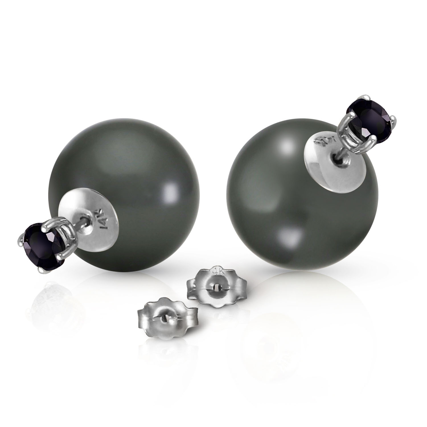 14K Solid White Gold Stud 1.0 CTW Natural Black Diamonds  Black Shell Cultured Pearl Earrings