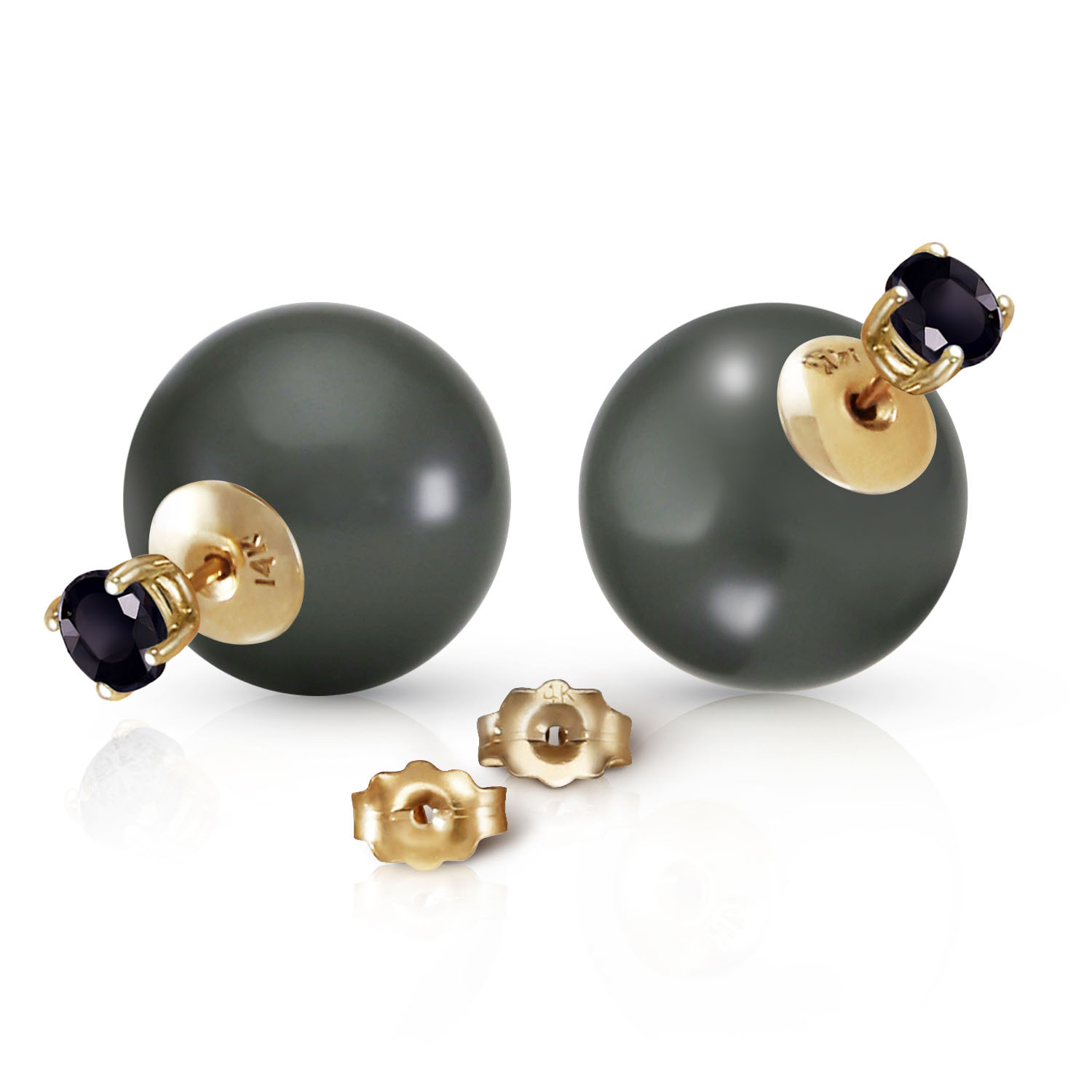 14K Solid Gold Stud 1.0 CTW Natural Black Diamonds  Black Shell Cultured Pearl Earrings