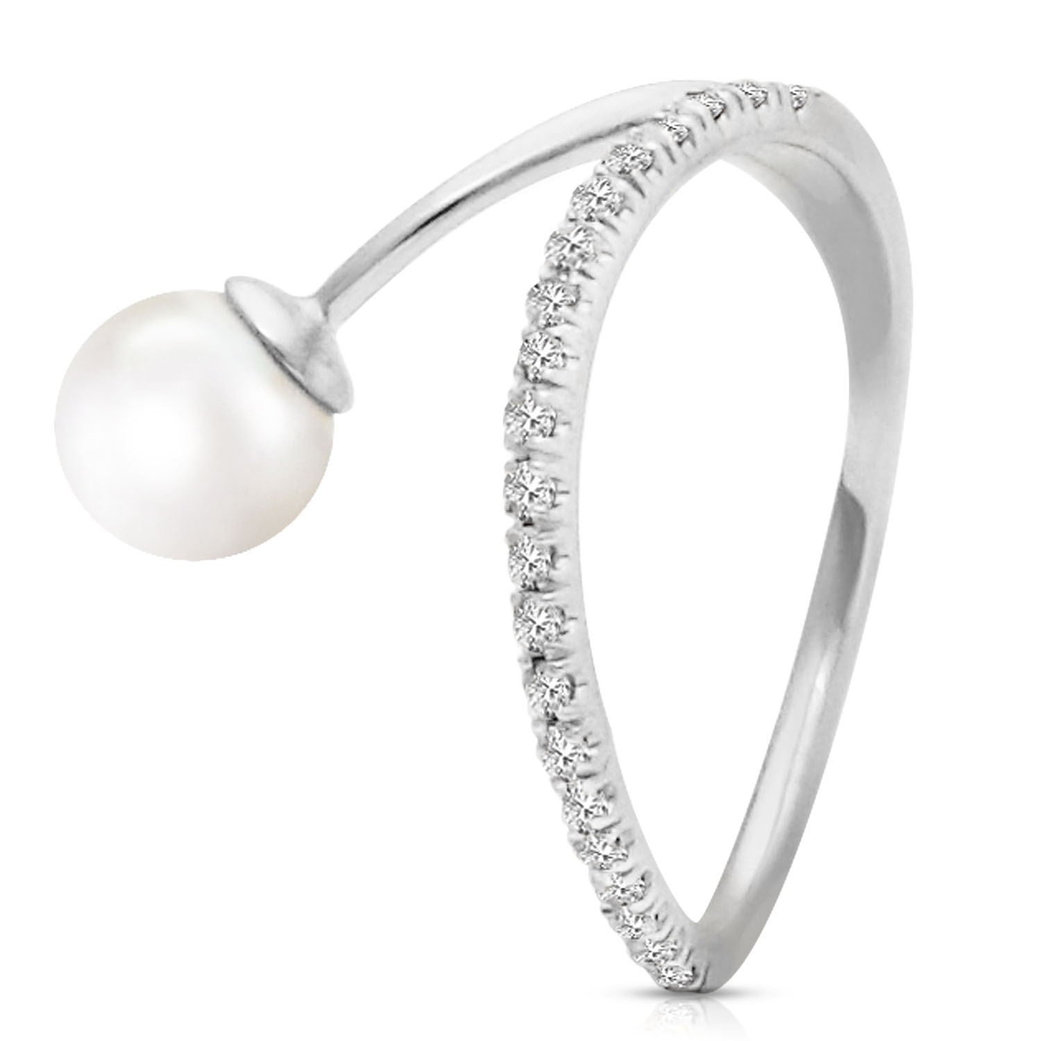 14K Solid White Gold Ring with Natural Diamonds  Cultured Pearl