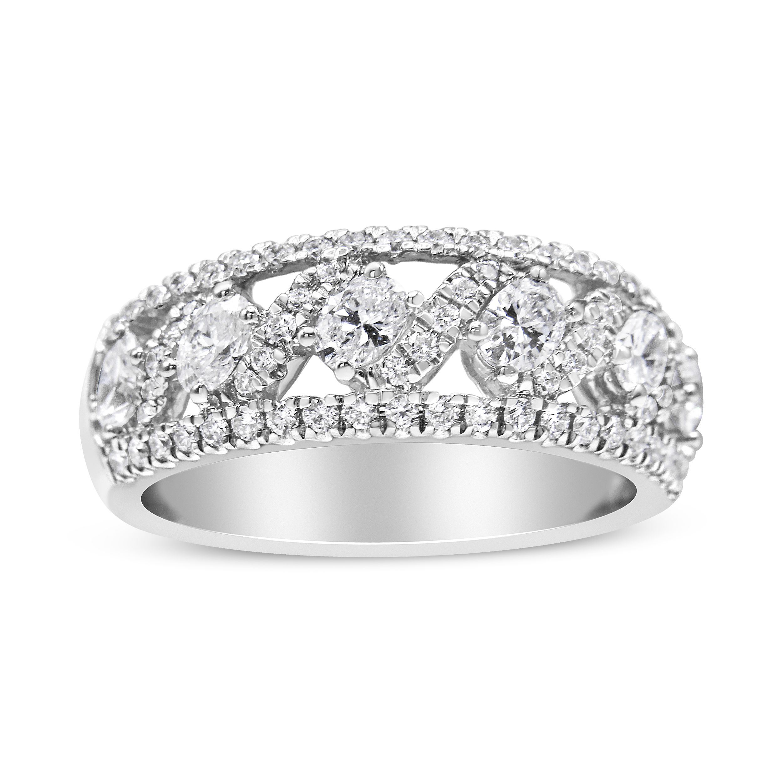 14K White Gold 1 1/4 Cttw Oval and Round Diamond Openwork Anniversary Ring ( H-I Color, I1-I2 Clarity) - Size 6.75