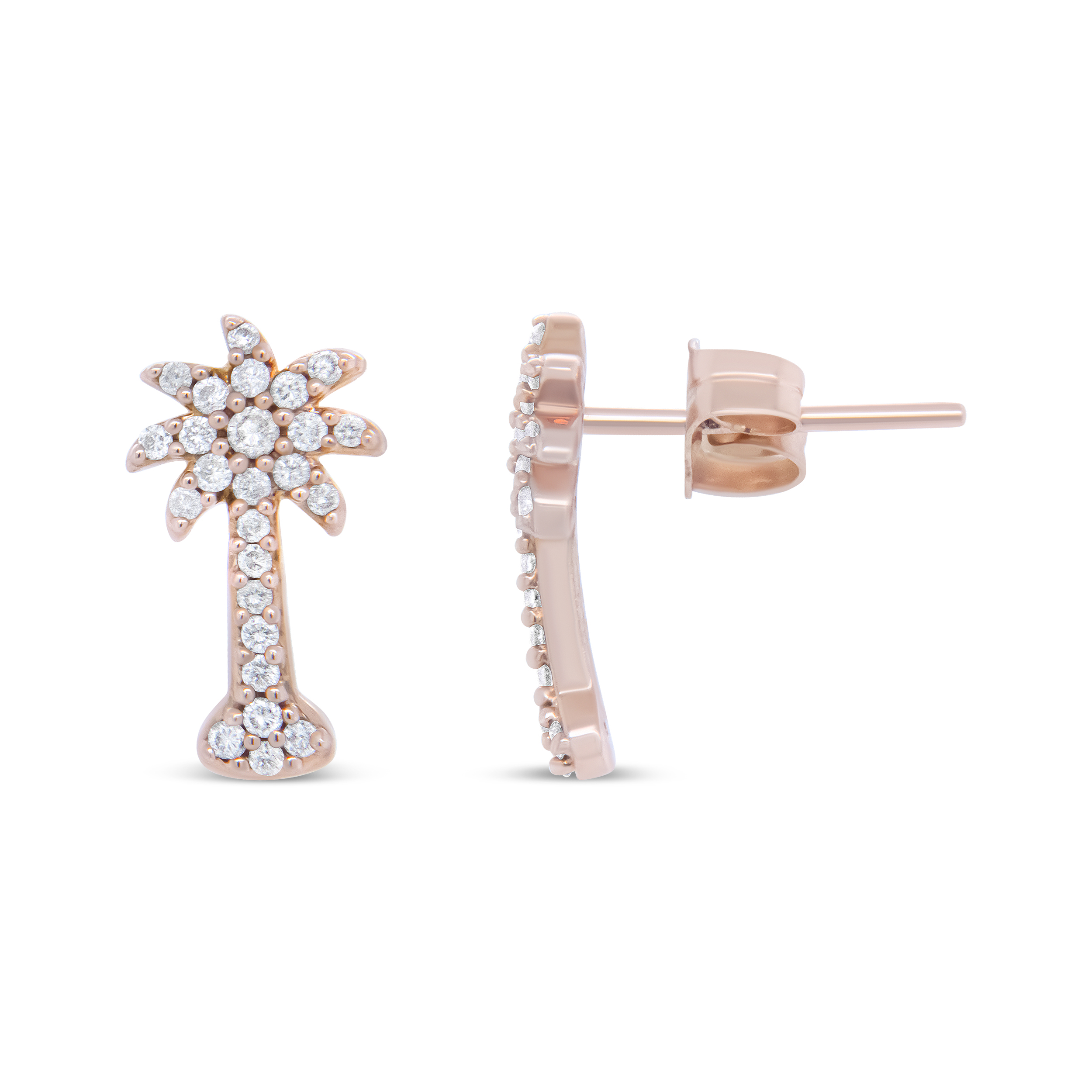 True 10K Rose Gold 1/4 Cttw Diamond Palm Tree Push Back Stud Earrings (H-I Color, I1-I2 Clarity)