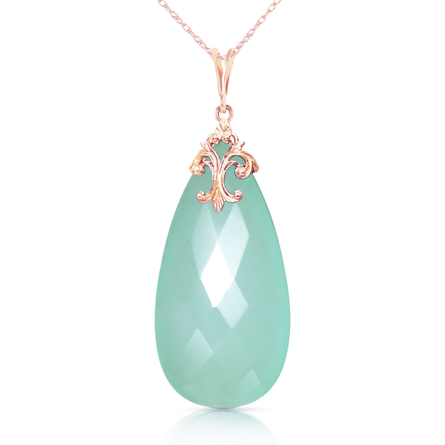 14K Solid Rose Gold Necklace with Briolette 31x16 mm Mint Green Chalcedony