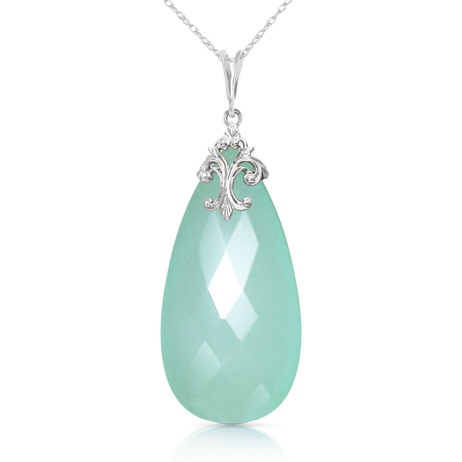 14K Solid White Gold Necklace with Briolette 31x16 mm Mint Green Chalcedony