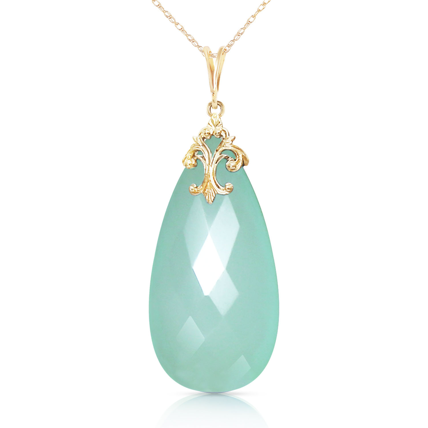 14K Solid Gold Necklace with Briolette 31x16 mm Mint Green Chalcedony