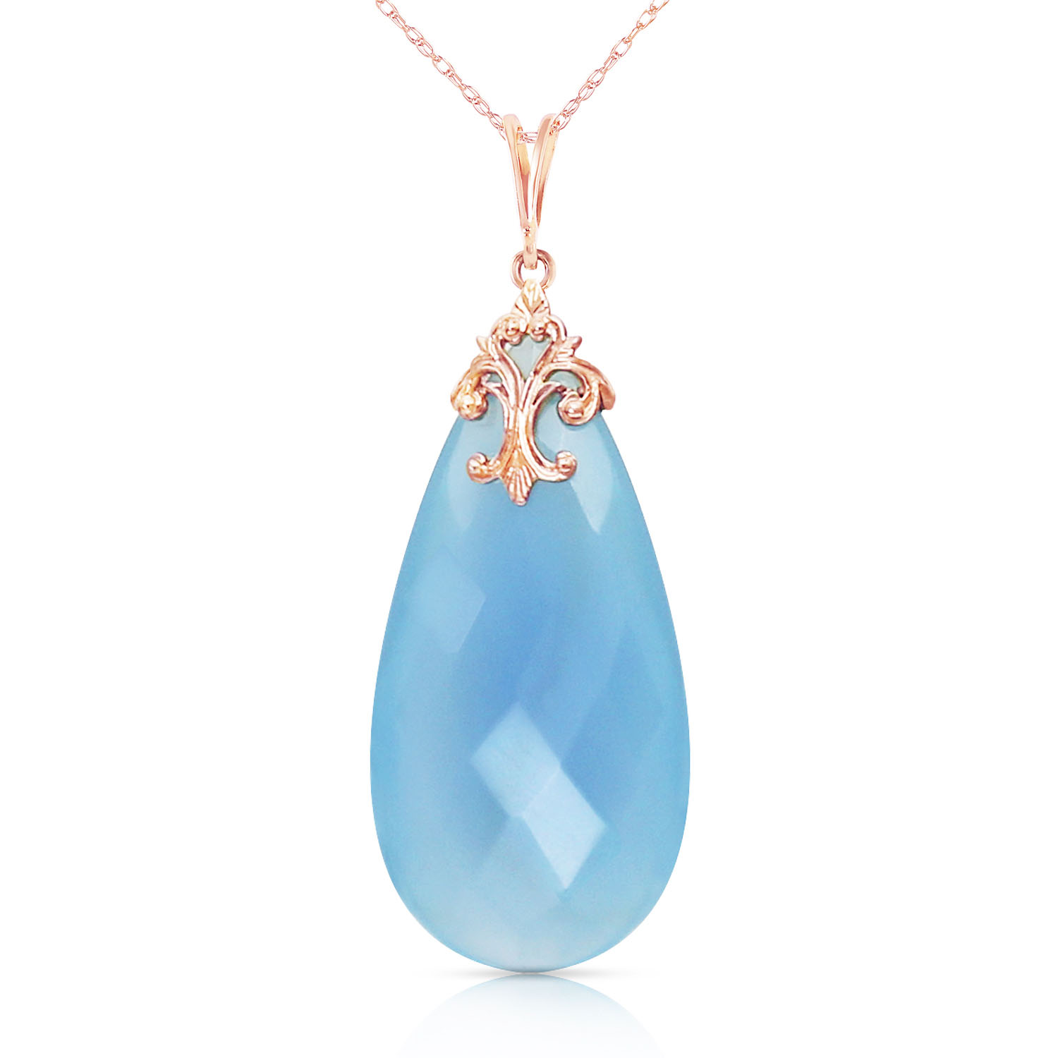 14K Solid Rose Gold Necklace with Briolette 31x16 mm Aqua Blue Chalcedony
