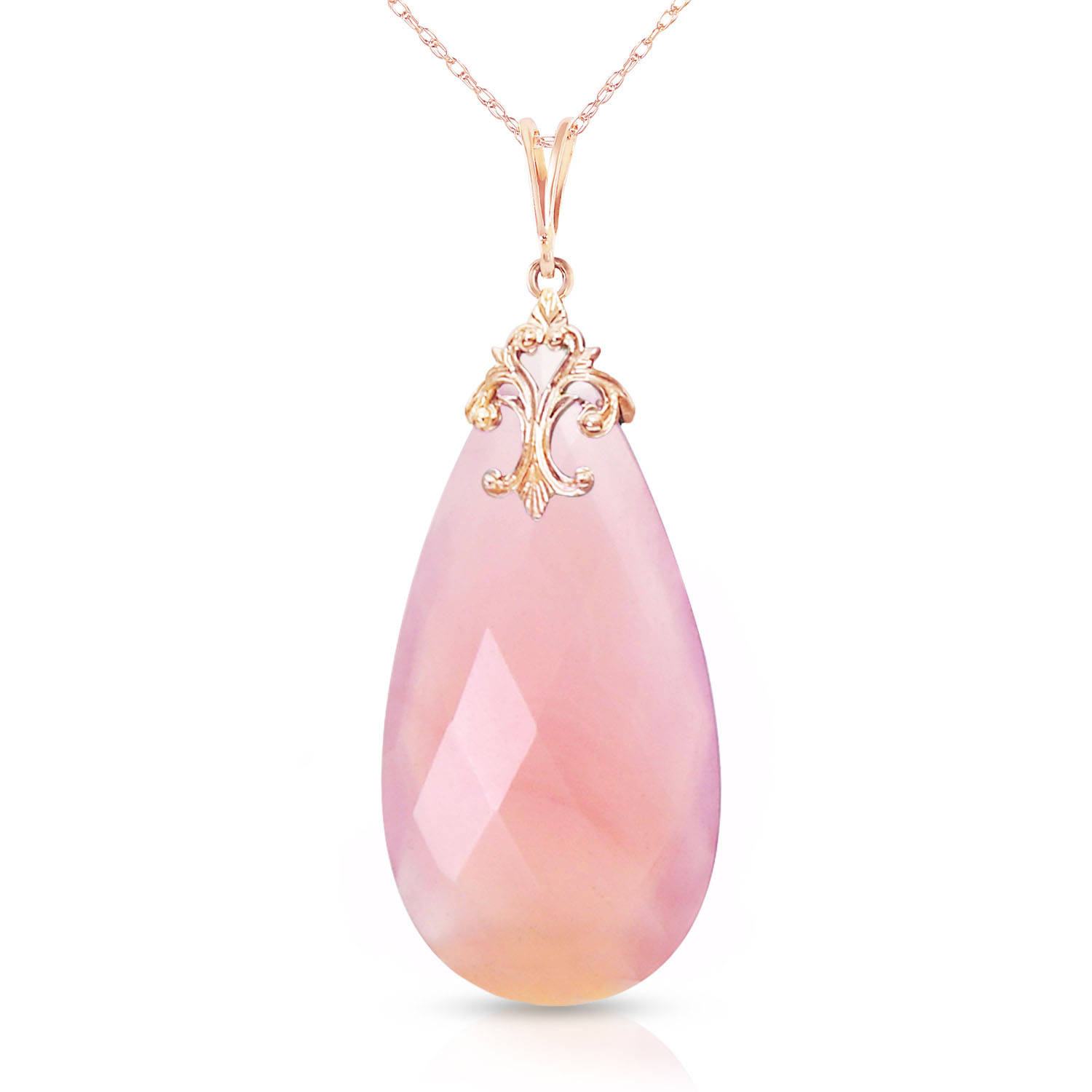 14K Solid Rose Gold Necklace with Briolette 31x16 mm Pink Chalcedony