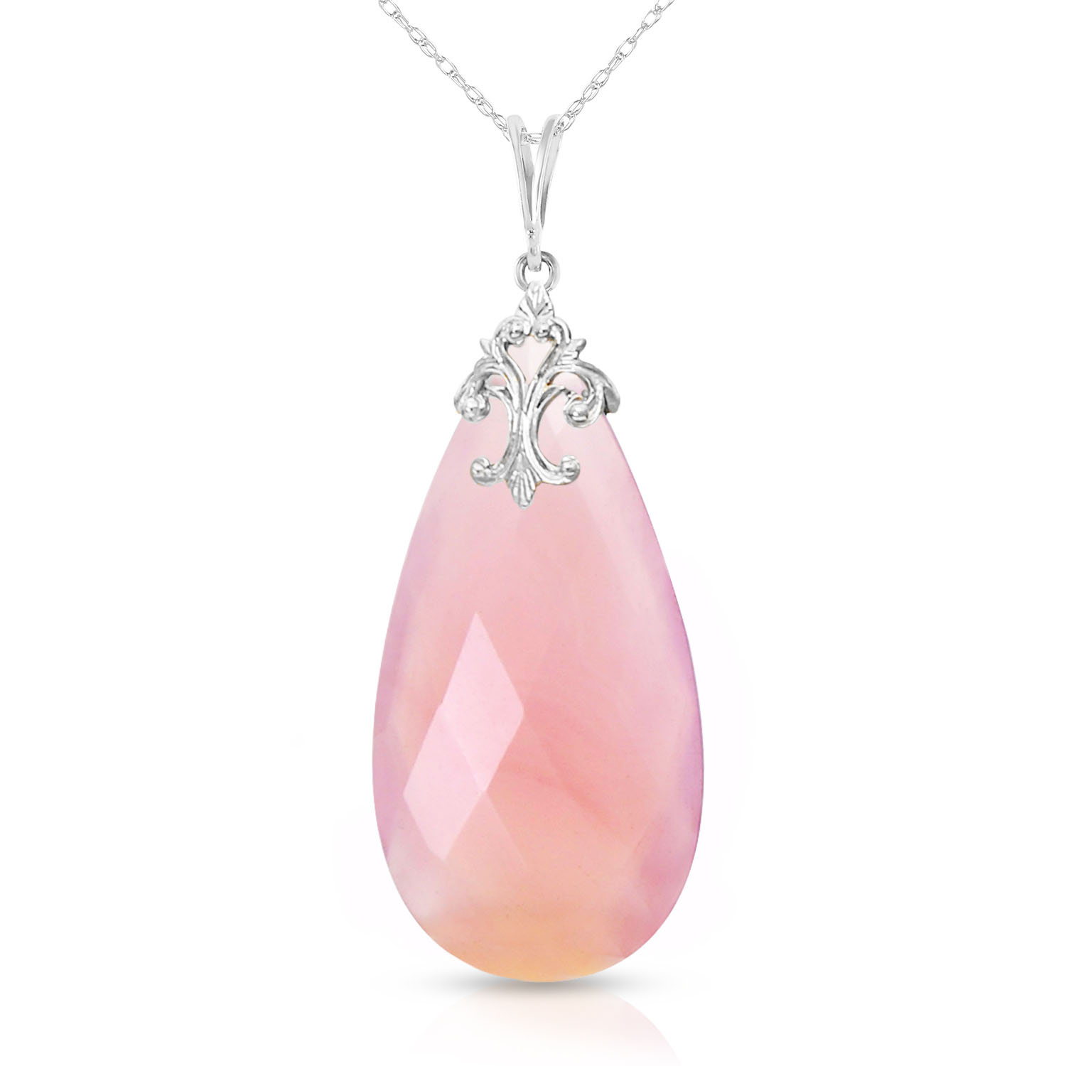 14K Solid White Gold Necklace with Briolette 31x16 mm Pink Chalcedony