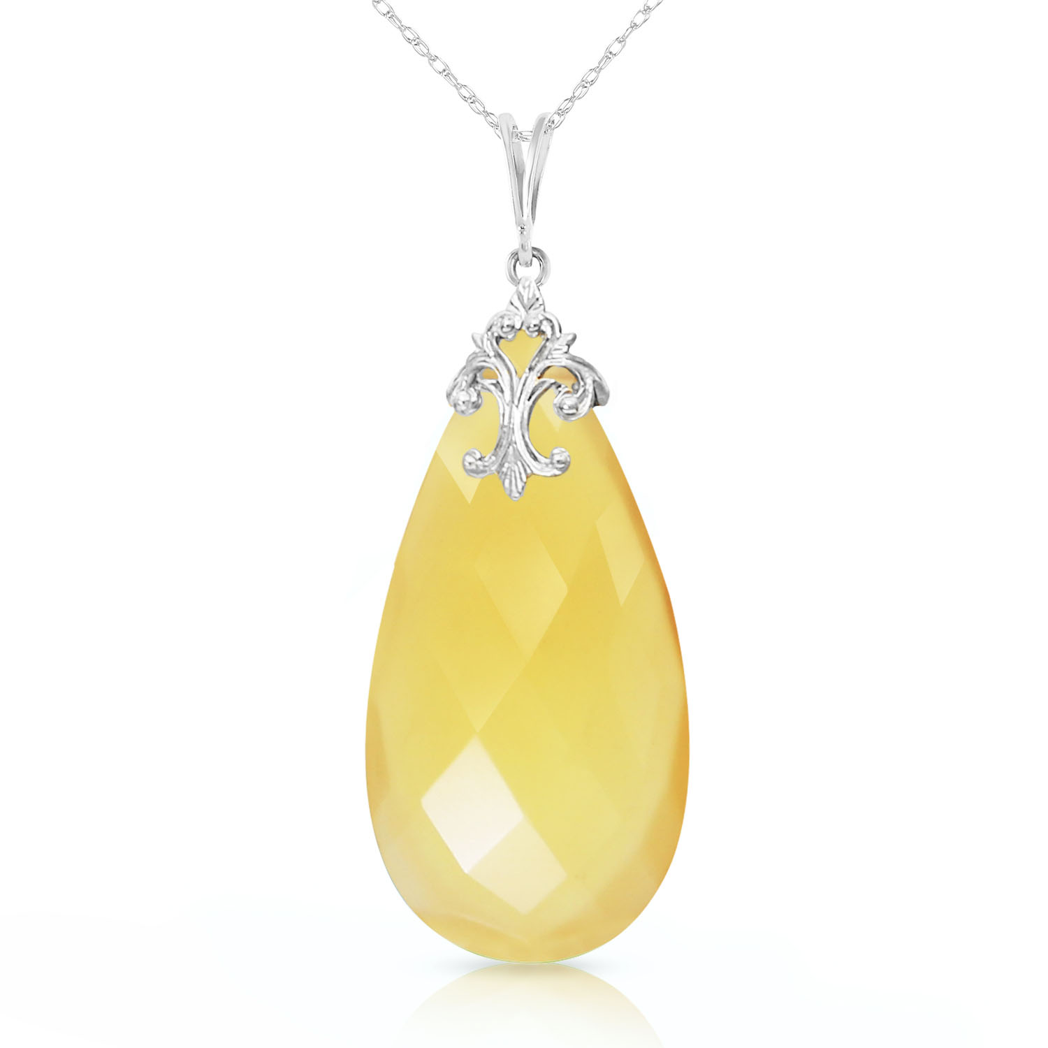 14K Solid White Gold Necklace with Briolette 31x16 mm Yellow Onyx