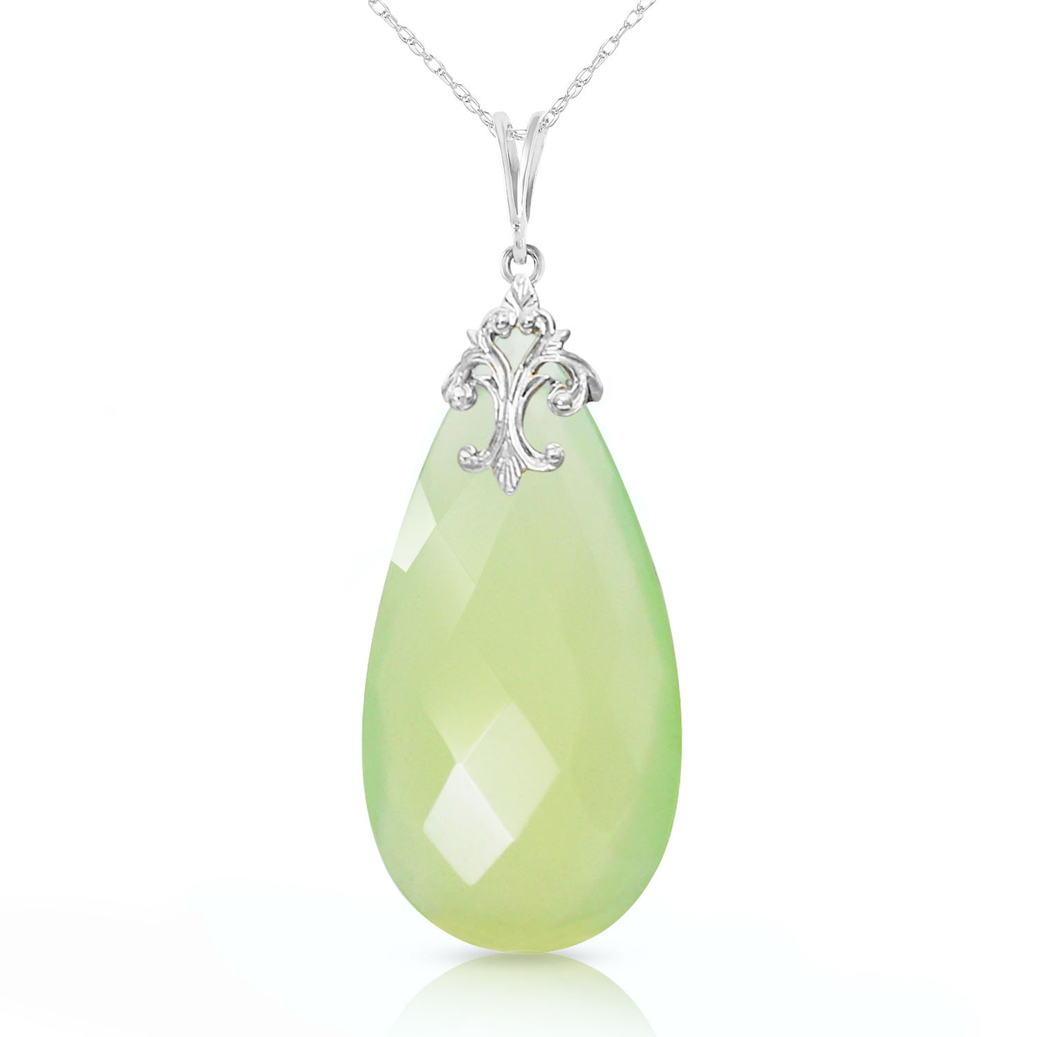 14K Solid White Gold Necklace with Briolette 31x16 mm Prehnite Color Chalcedony