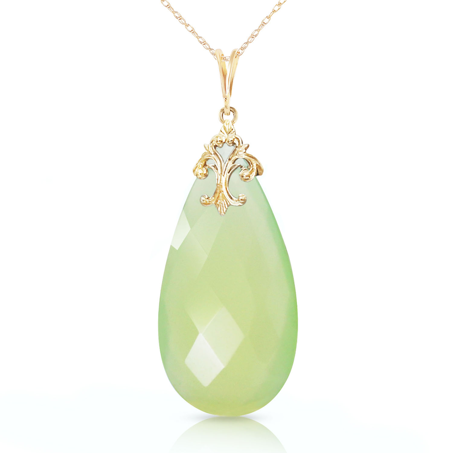 14K Solid Gold Necklace with Briolette 31x16 mm Prehnite Color Chalcedony