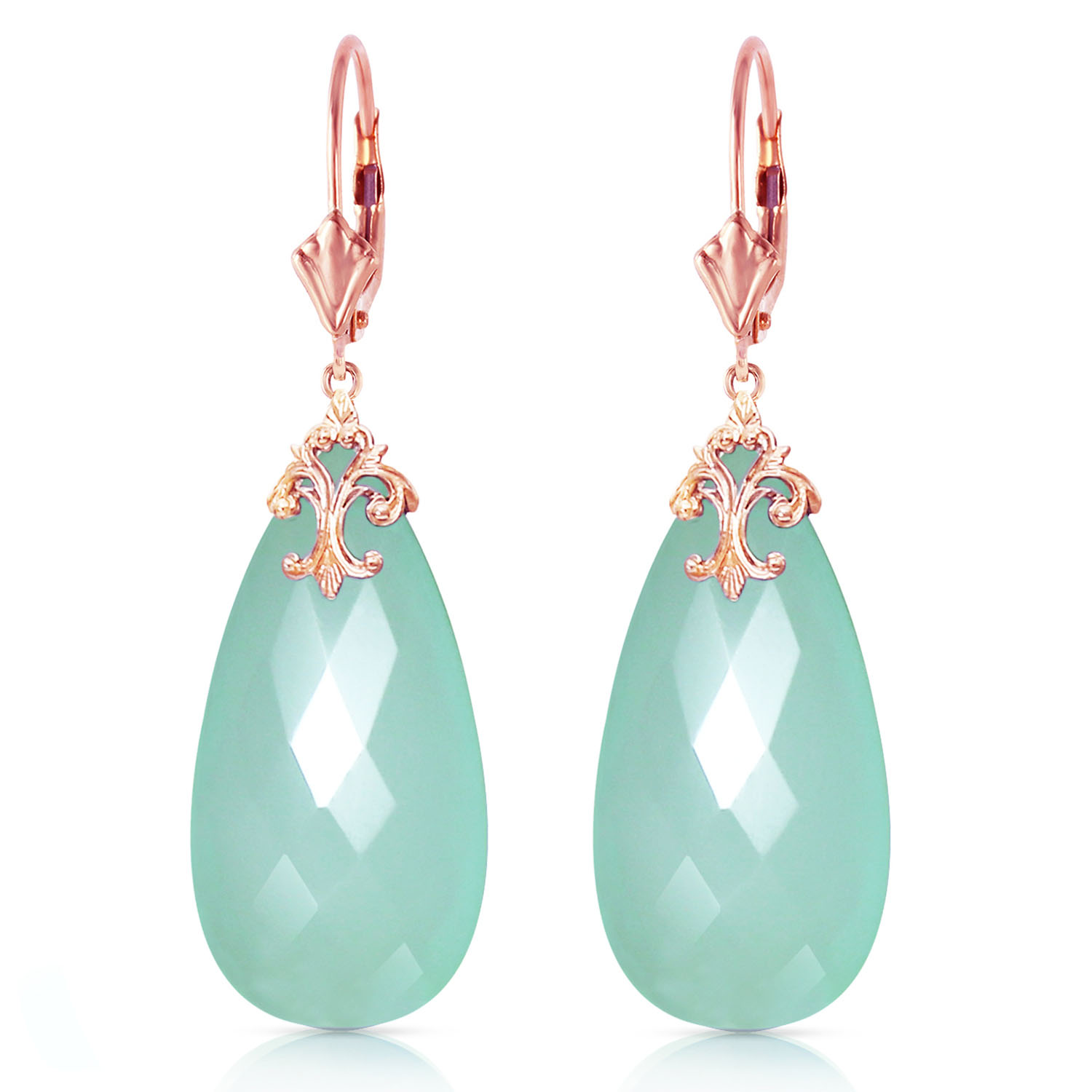 14K Solid Rose Gold Leverback Earrings with Briolette 31x16 mm Mint Green Chalcedony
