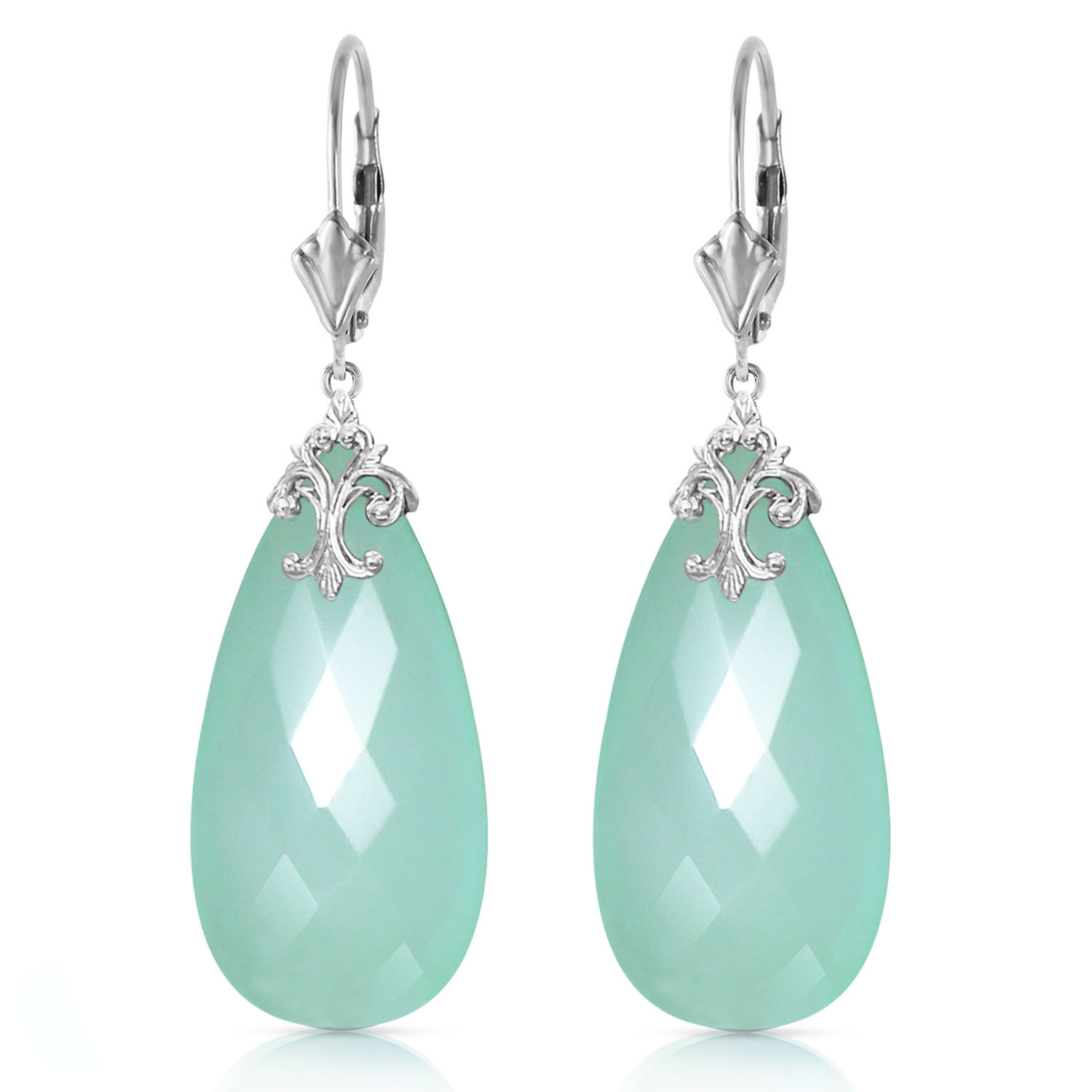 14K Solid White Gold Leverback Earrings with Briolette 31x16 mm Mint Green Chalcedony