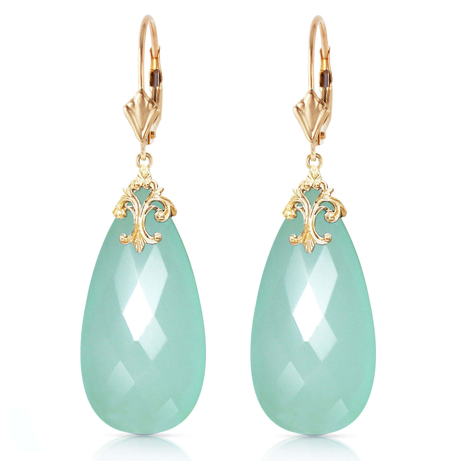 14K Solid Gold Leverback Earrings with Briolette 31x16 mm Mint Green Chalcedony