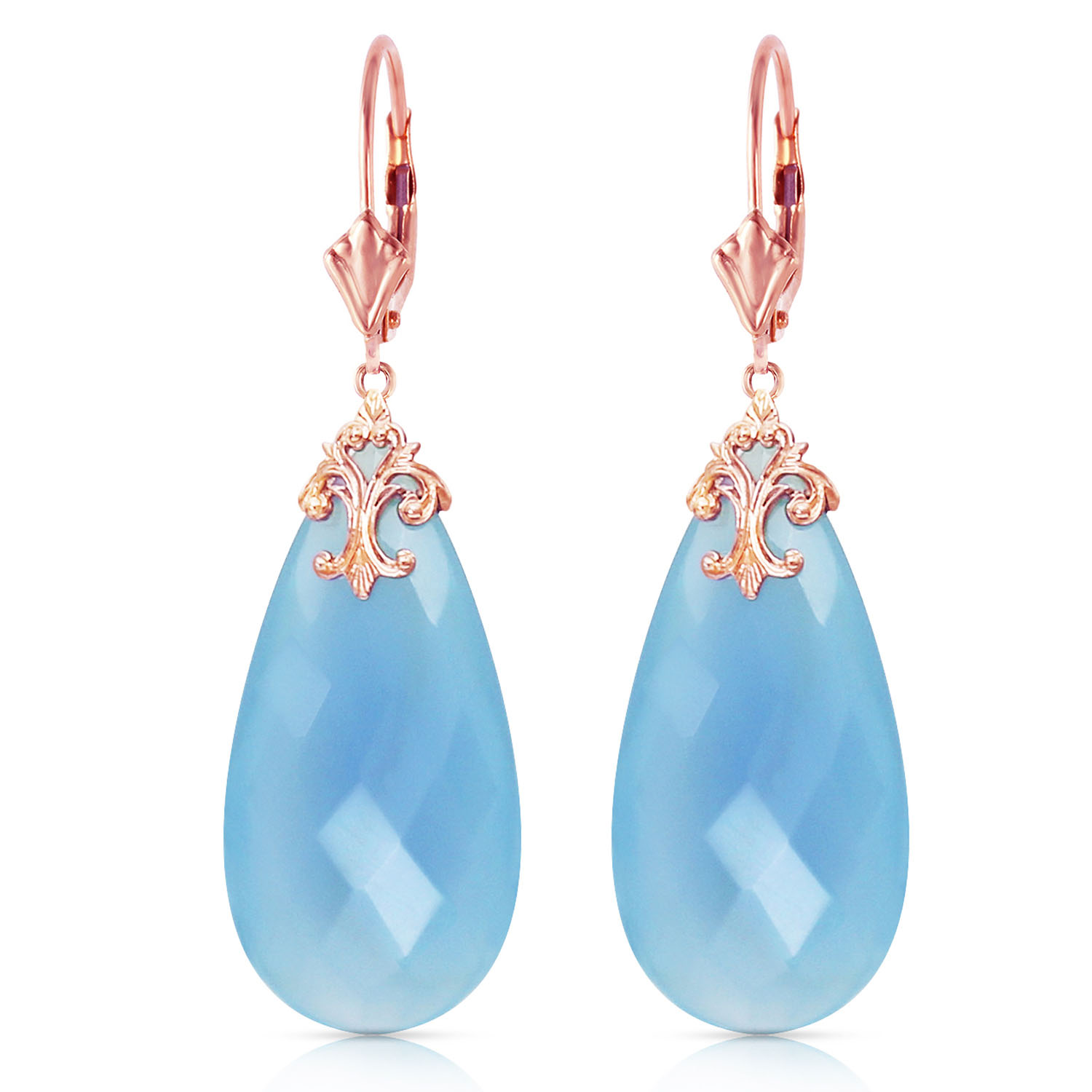 14K Solid Rose Gold Leverback Earrings with Briolette 31x16 mm Aqua Blue Chalcedony