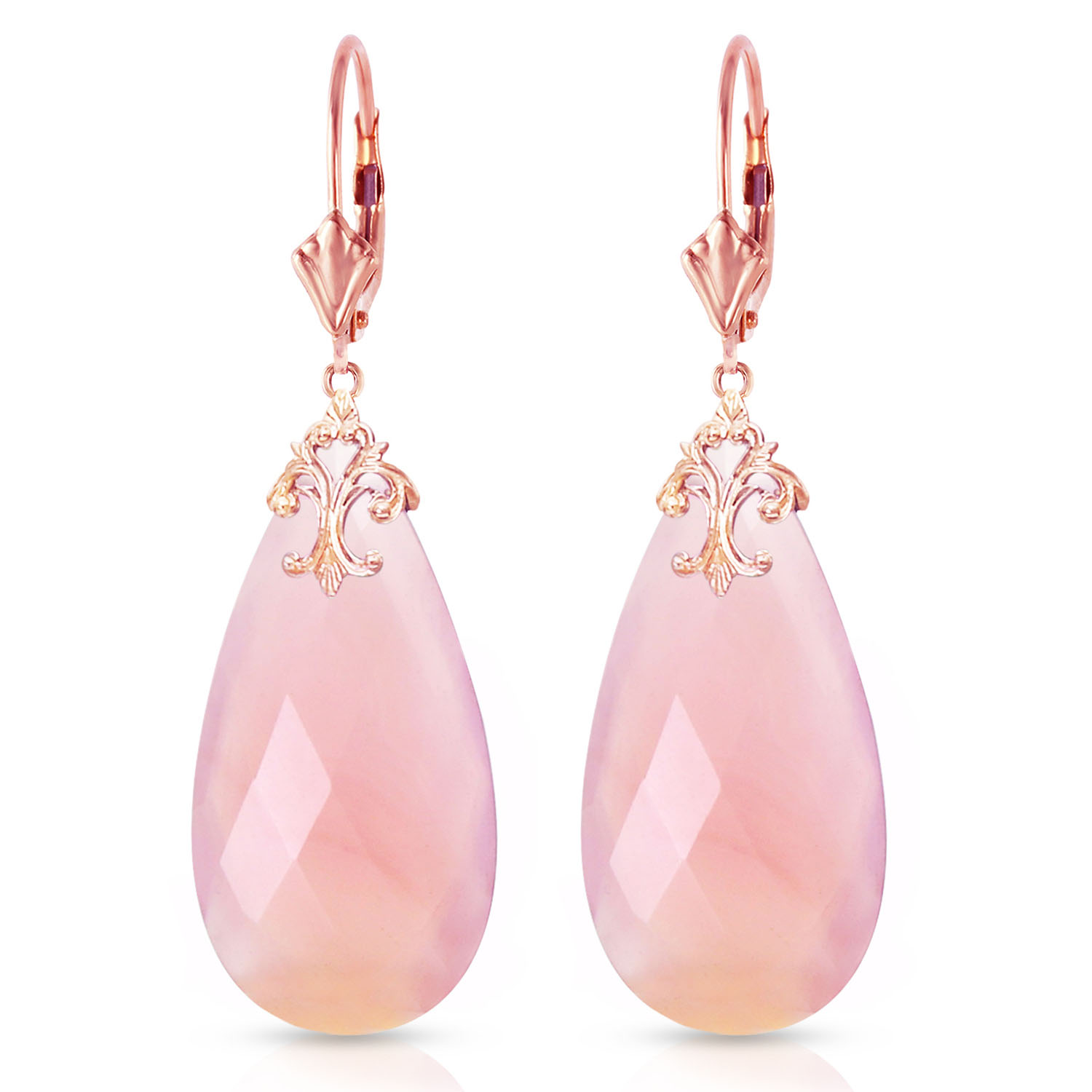 14K Solid Rose Gold Leverback Earrings with Briolette 31x16 mm Pink Chalcedony