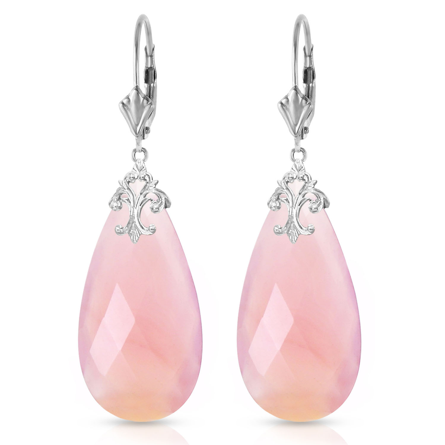 14K Solid White Gold Leverback Earrings with Briolette 31x16 mm Pink Chalcedony