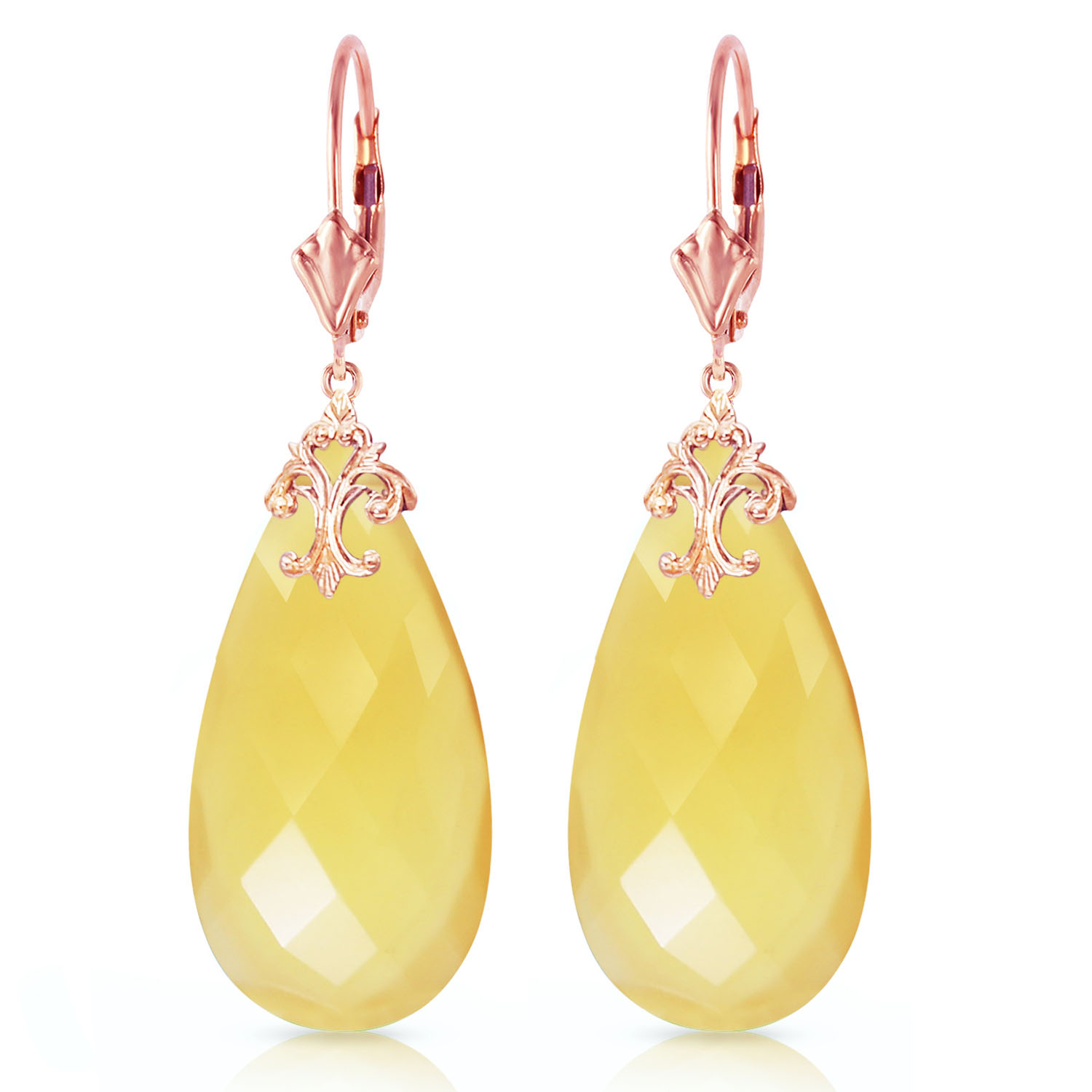 14K Solid Rose Gold Leverback Earrings with Briolette 31x16 mm Yellow Onyx