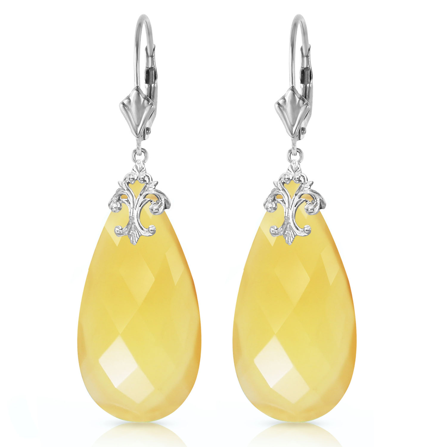 14K Solid White Gold Leverback Earrings with Briolette 31x16 mm Yellow Onyx