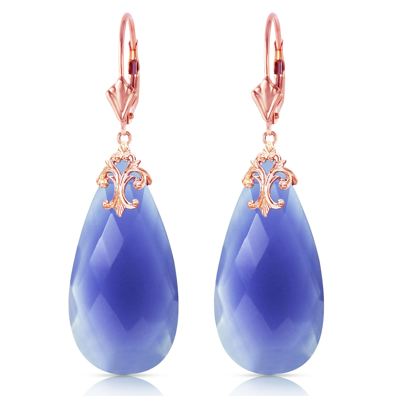 14K Solid Rose Gold Leverback Earrings with Briolette 31x16 mm Deep Blue Chalcedony