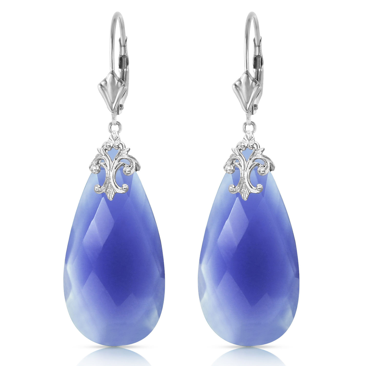 14K Solid White Gold Leverback Earrings with Briolette 31x16 mm Deep Blue Chalcedony
