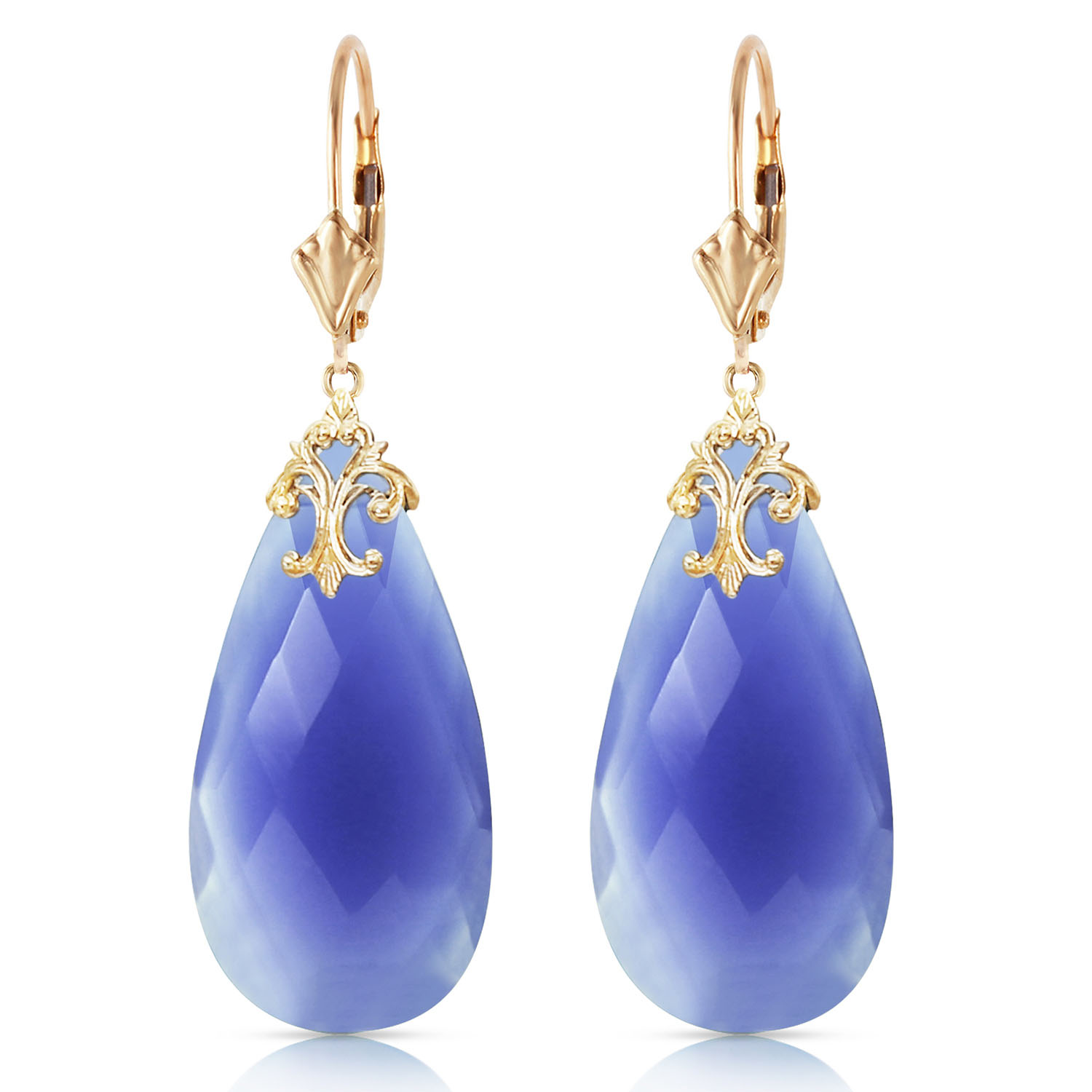 14K Solid Gold Leverback Earrings with Briolette 31x16 mm Deep Blue Chalcedony