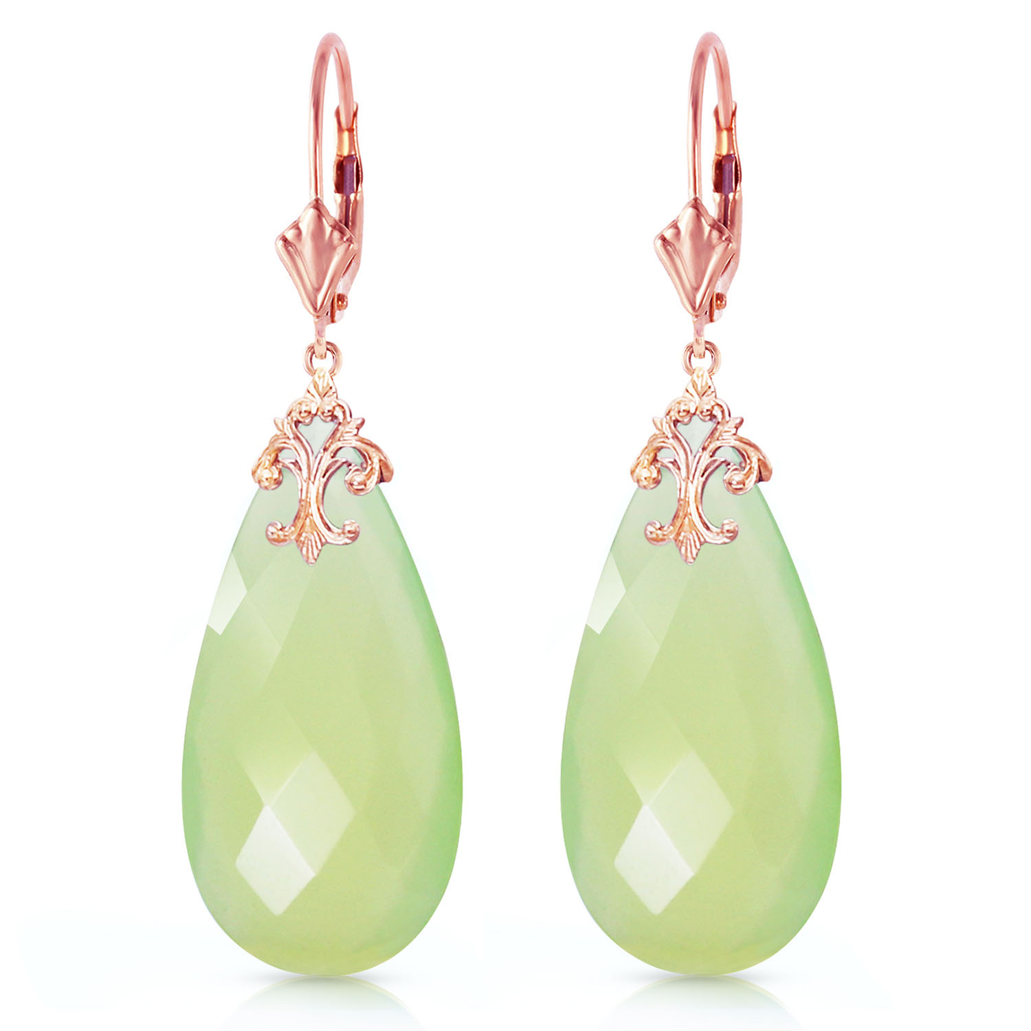 14K Solid Rose Gold Leverback Earrings with Briolette 31x16 mm Prehnite Color Chalcedony