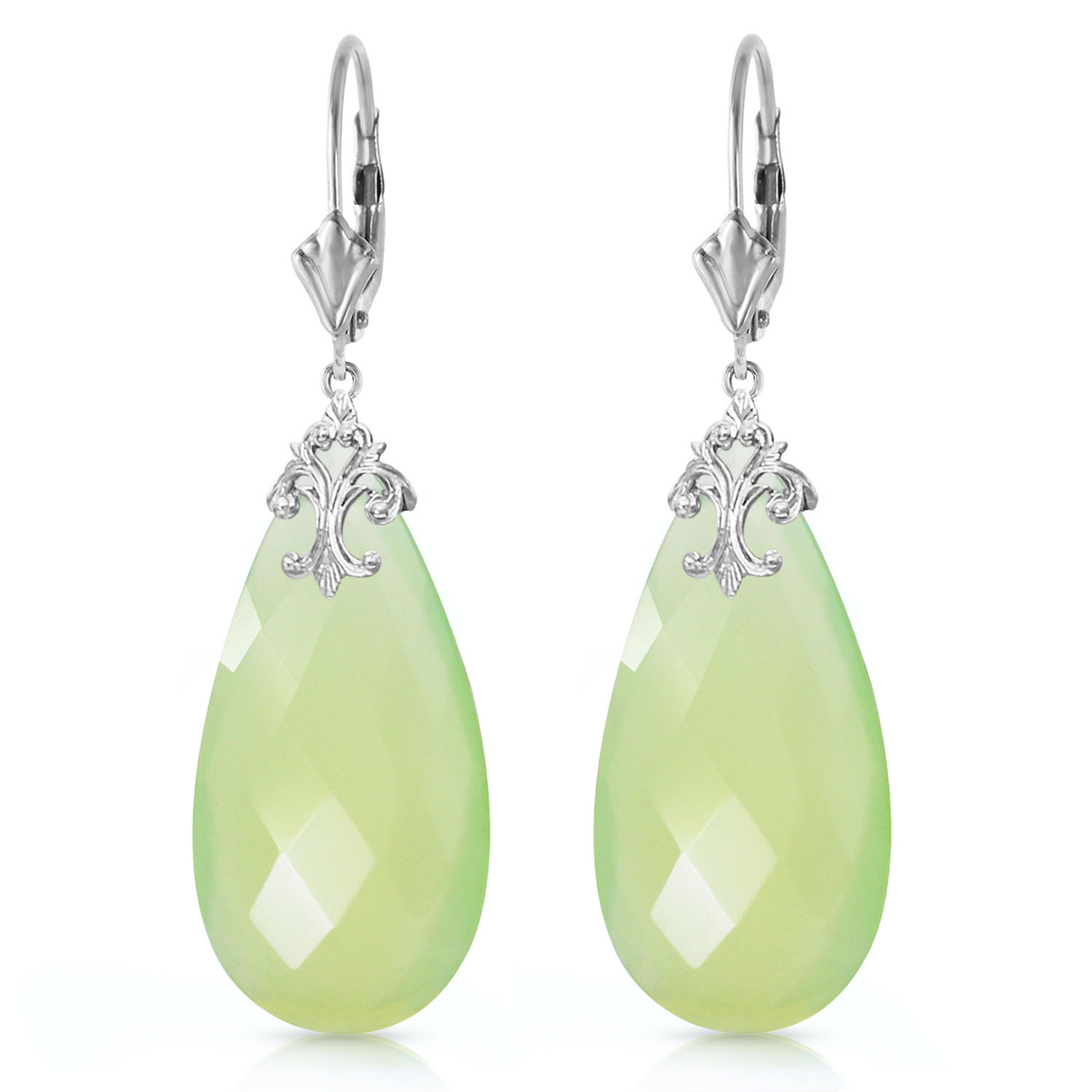 14K Solid White Gold Leverback Earrings with Briolette 31x16 mm Prehnite Color Chalcedony
