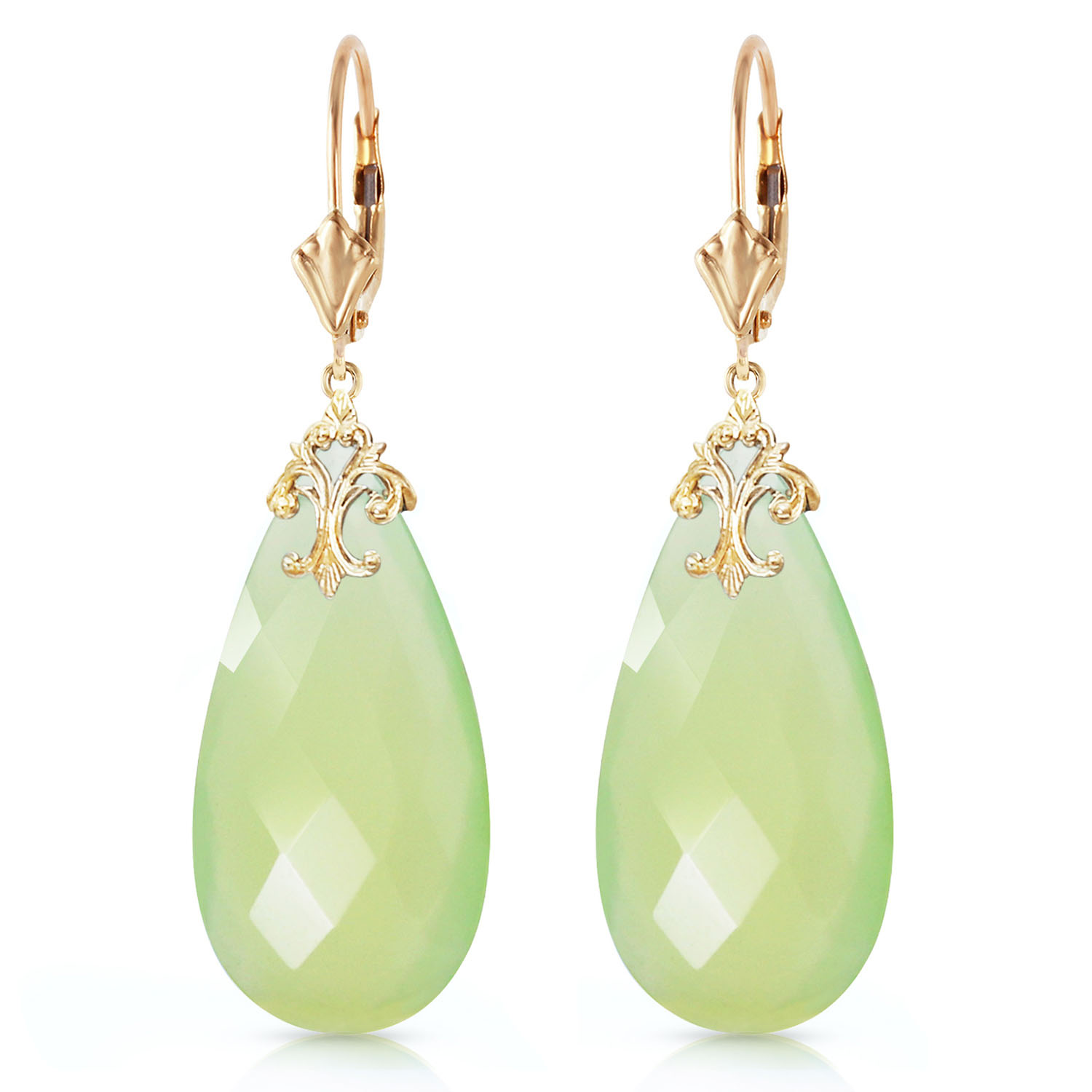 14K Solid Gold Leverback Earrings with Briolette 31x16 mm Prehnite Color Chalcedony