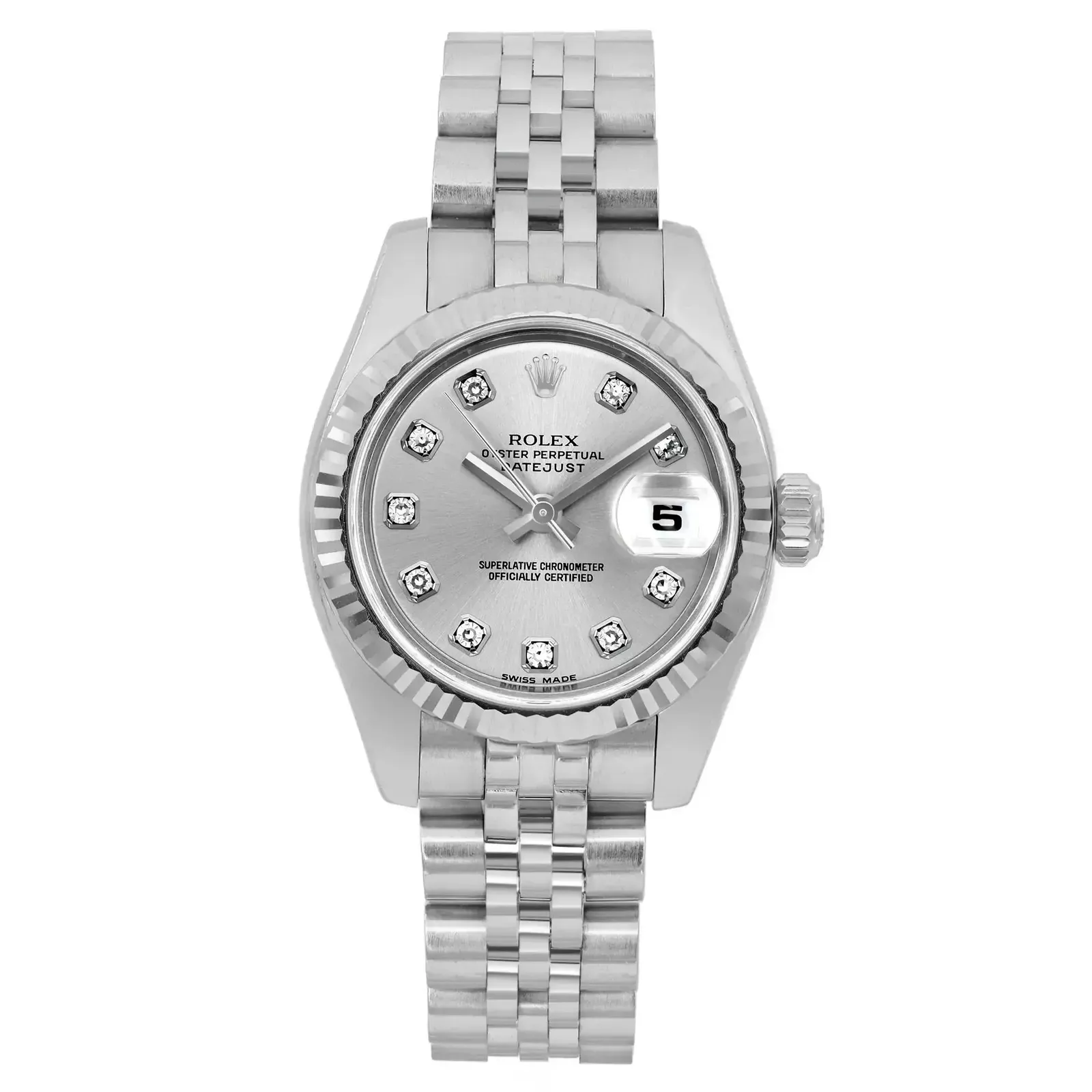 Rolex Lady Datejust 26mm 18K White Gold Steel Diamond Silver Dial Watch